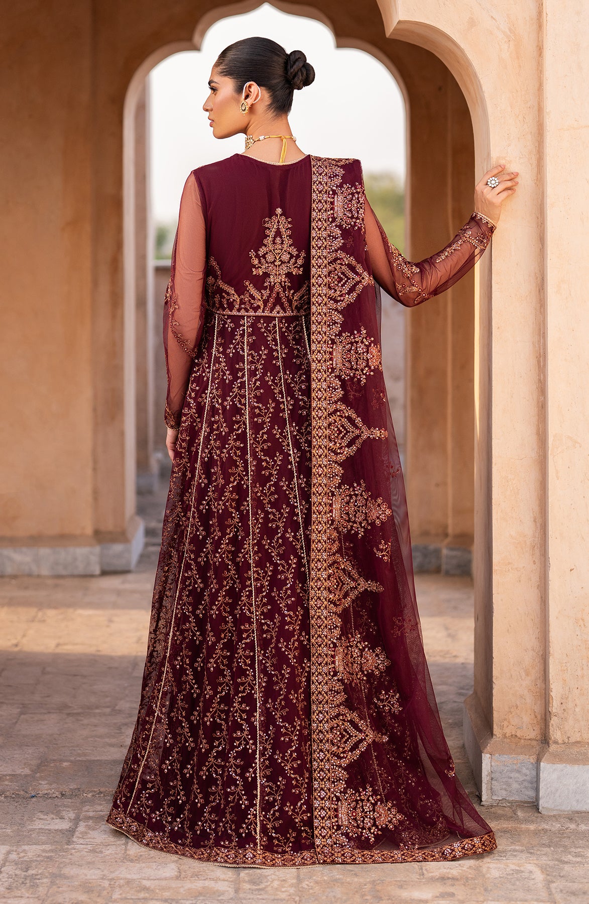 Deep Maroon Sequins Embroidered Net Pishwas (3-Piece) - Image 2