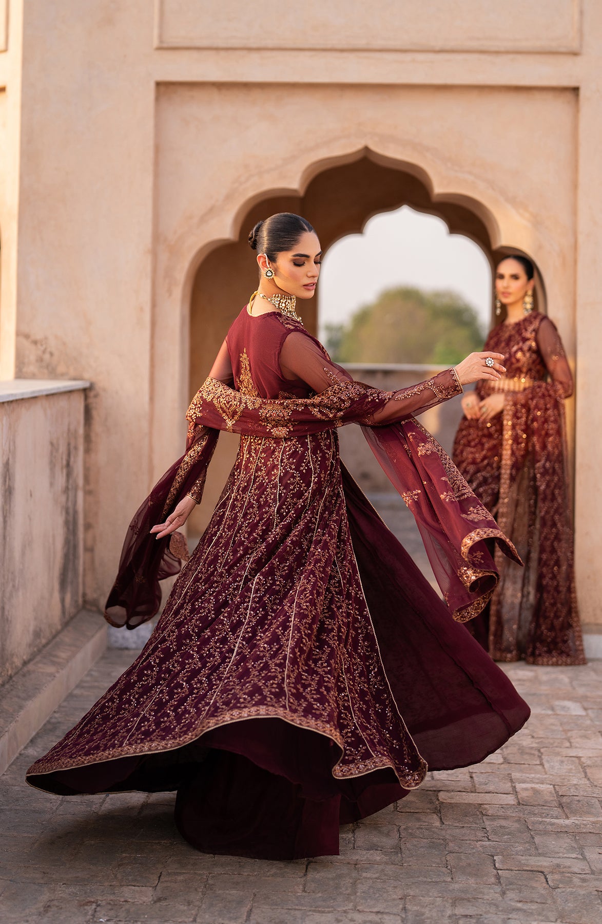 Deep Maroon Sequins Embroidered Net Pishwas (3-Piece) - Image 5