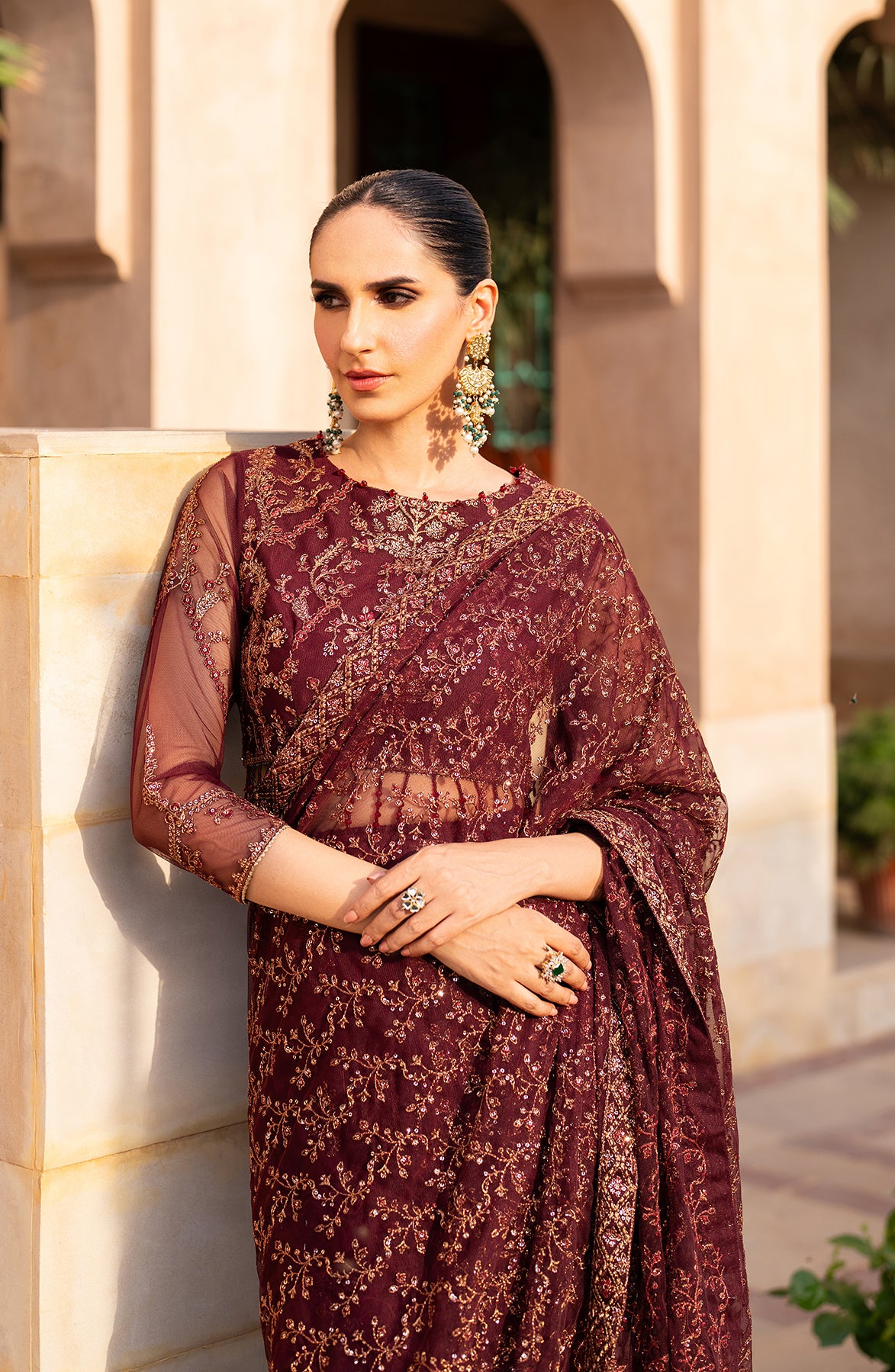 Deep Maroon Sequins Embroidered Net Pishwas (3-Piece) - Image 6