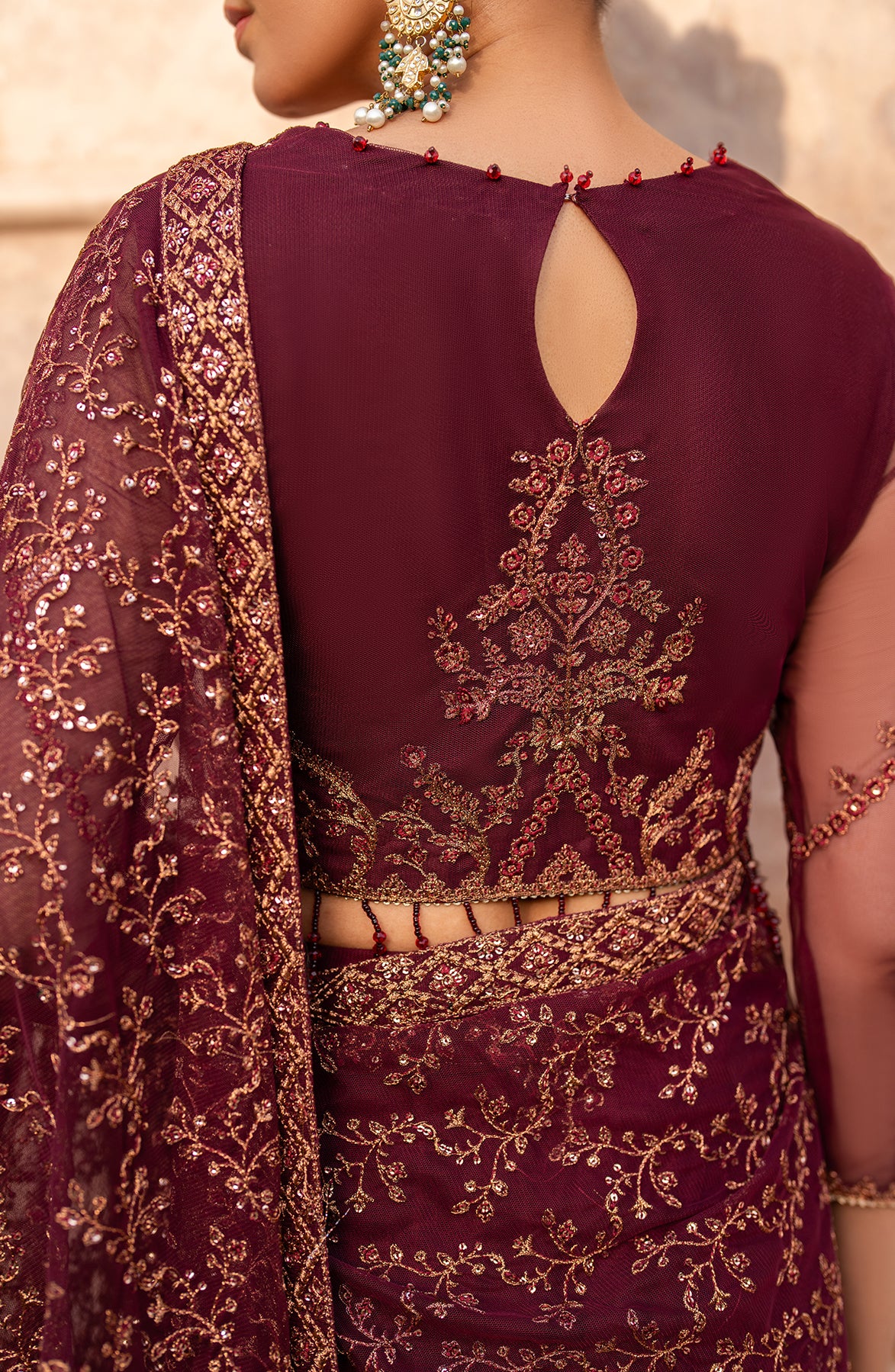 Deep Maroon Sequins Embroidered Net Pishwas (3-Piece) - Image 8