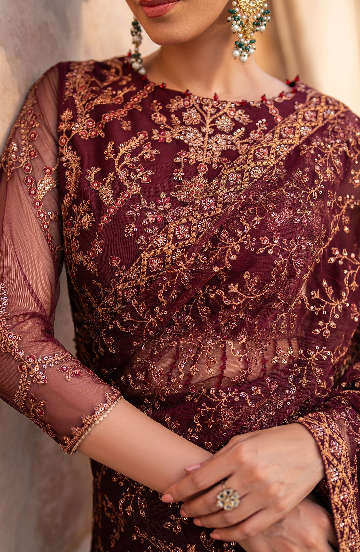 Deep Maroon Sequins Embroidered Net Pishwas (3-Piece) - Image 9