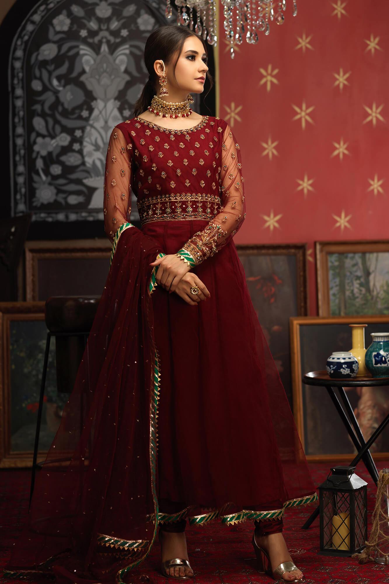 Maroon Embroidered Net Pishwas Dress (3-Piece) - Image 2