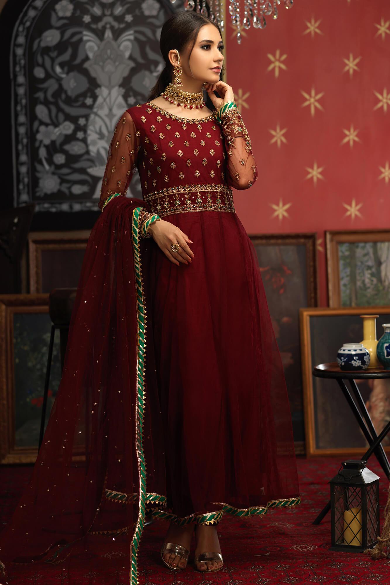 Maroon Embroidered Net Pishwas Dress (3-Piece) - Image 3