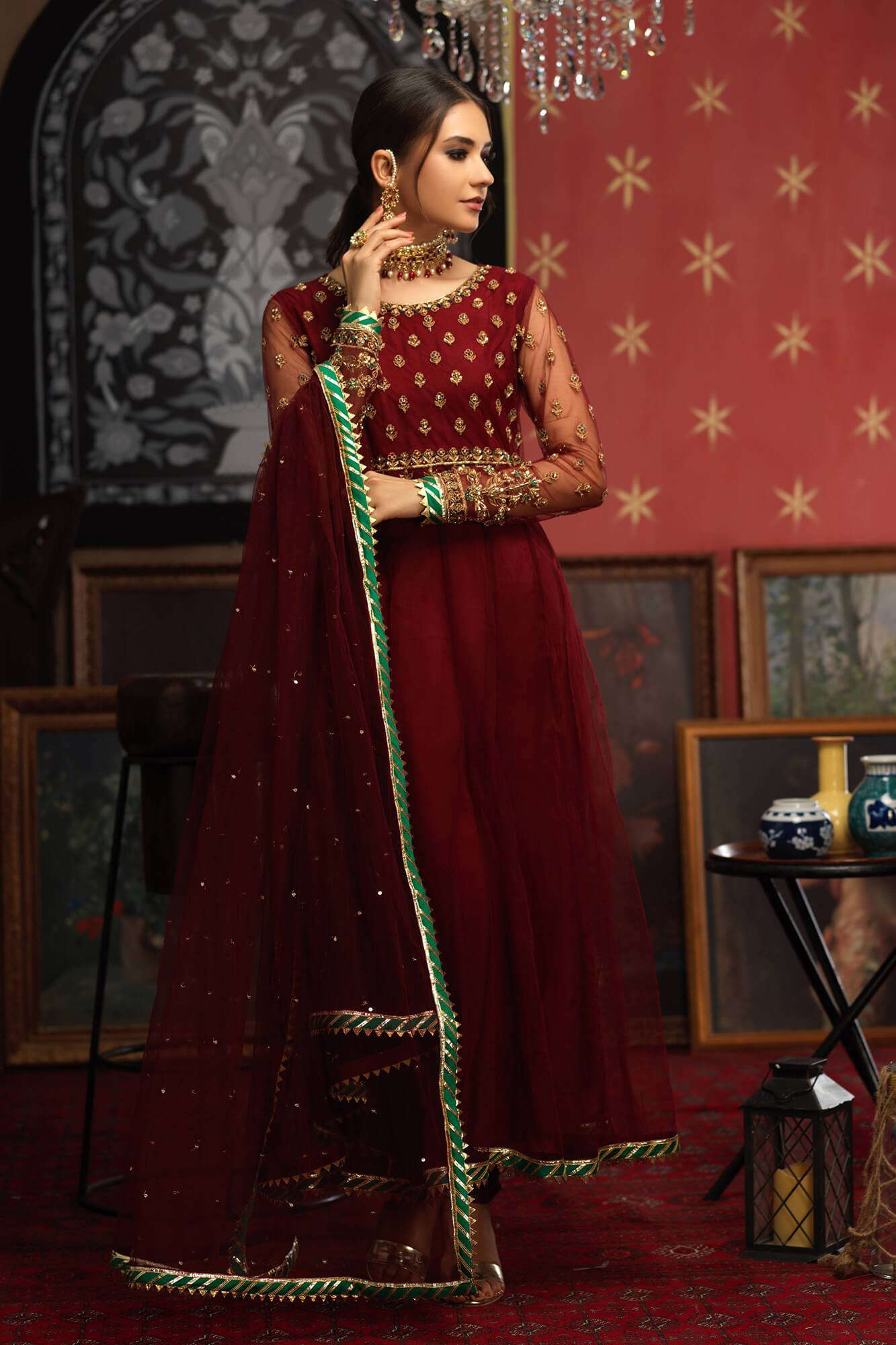 Maroon Embroidered Net Pishwas Dress (3-Piece) - Image 5