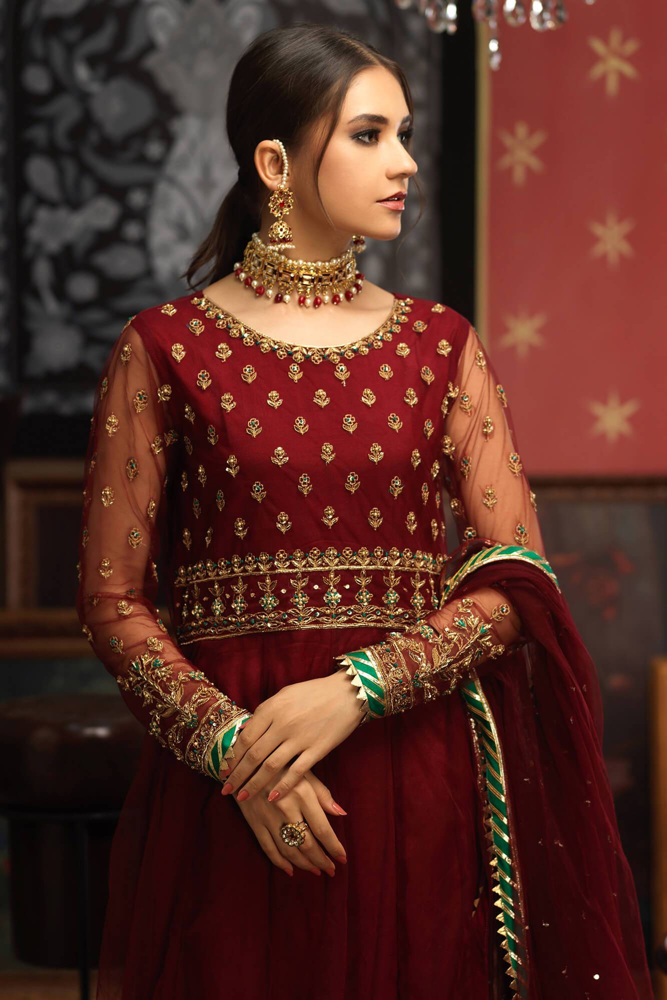 Maroon Embroidered Net Pishwas Dress (3-Piece) - Image 6