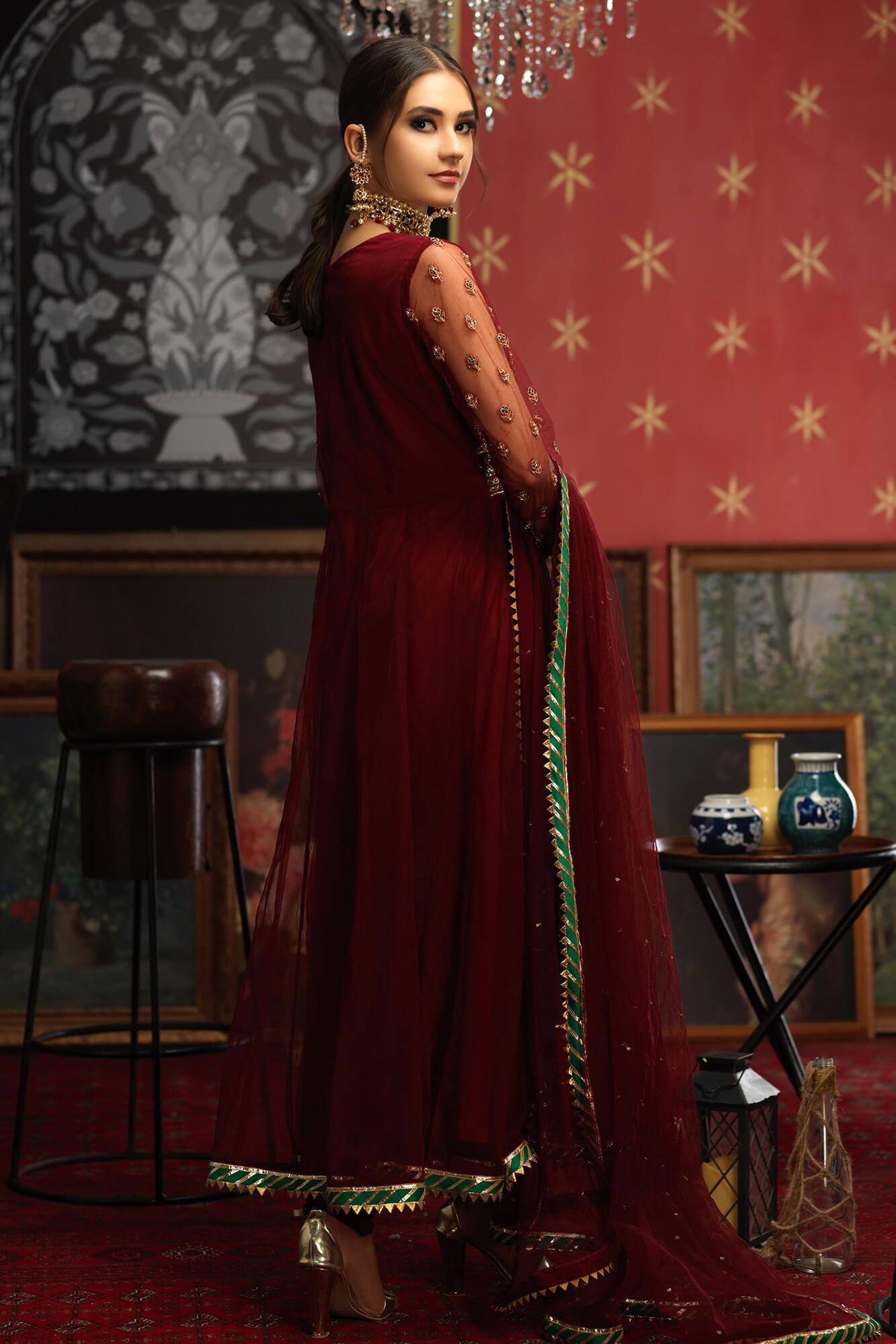 Pakistani Maroon Embroidered Net Pishwas Dress (3-Piece) - Image 4