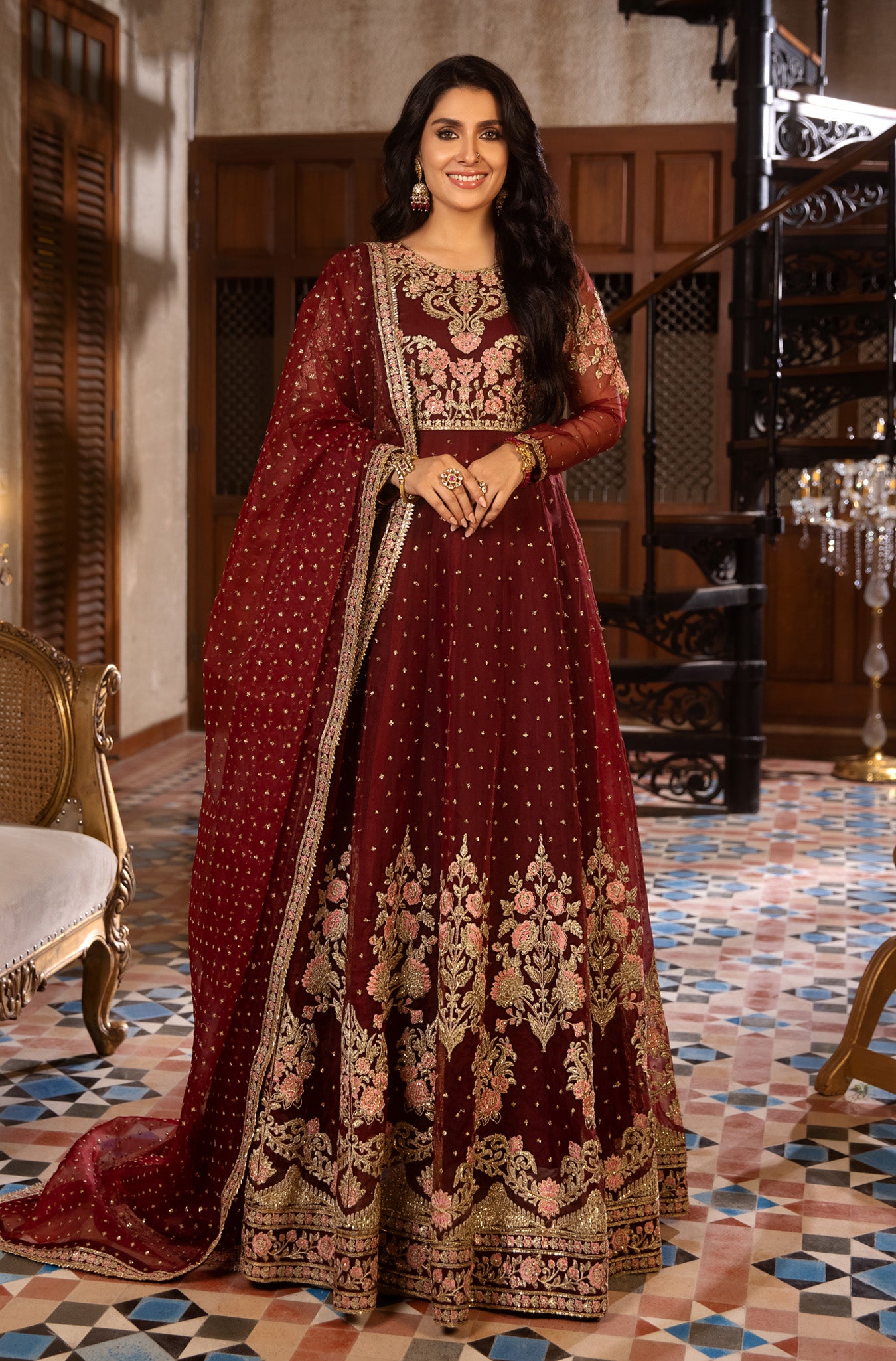 Deep Maroon Embroidered Organza Pishwas (2-Piece) - Image 1
