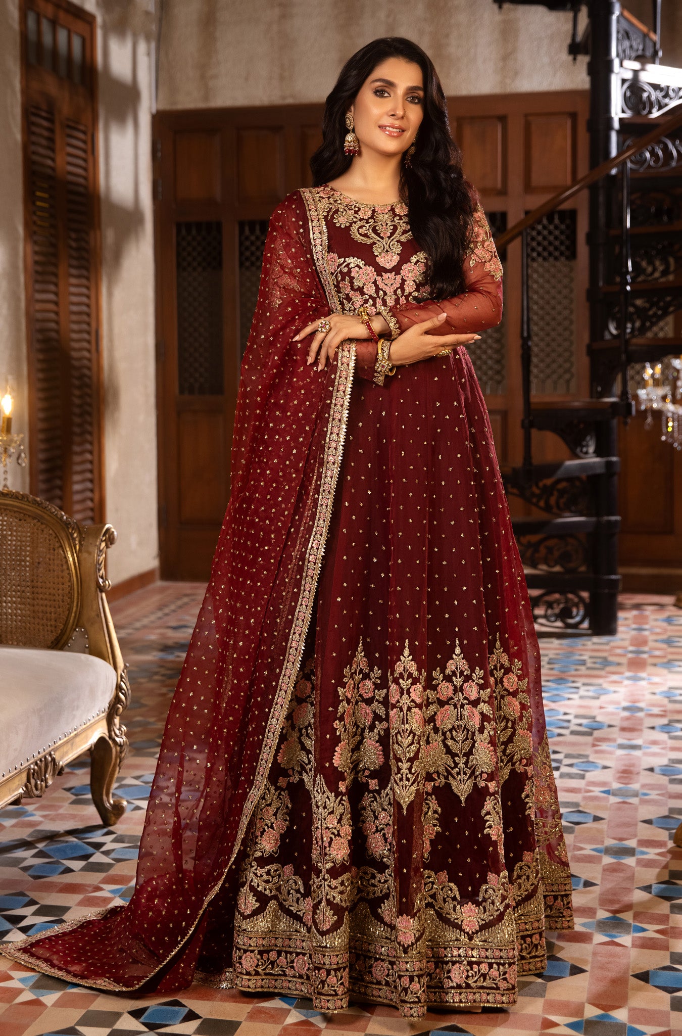 Deep Maroon Embroidered Organza Pishwas (2-Piece) - Image 2