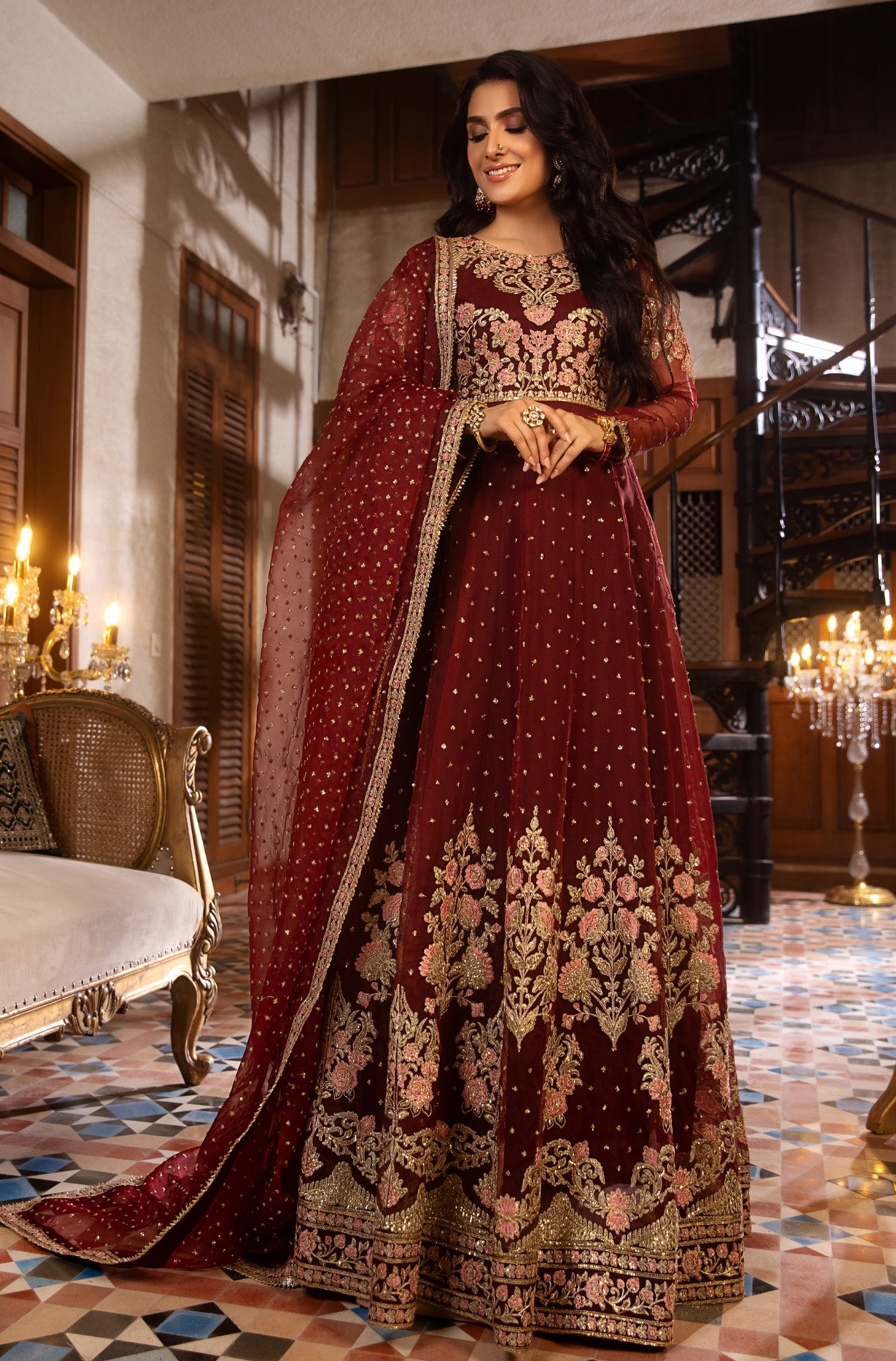 Deep Maroon Embroidered Organza Pishwas (2-Piece) - Image 5