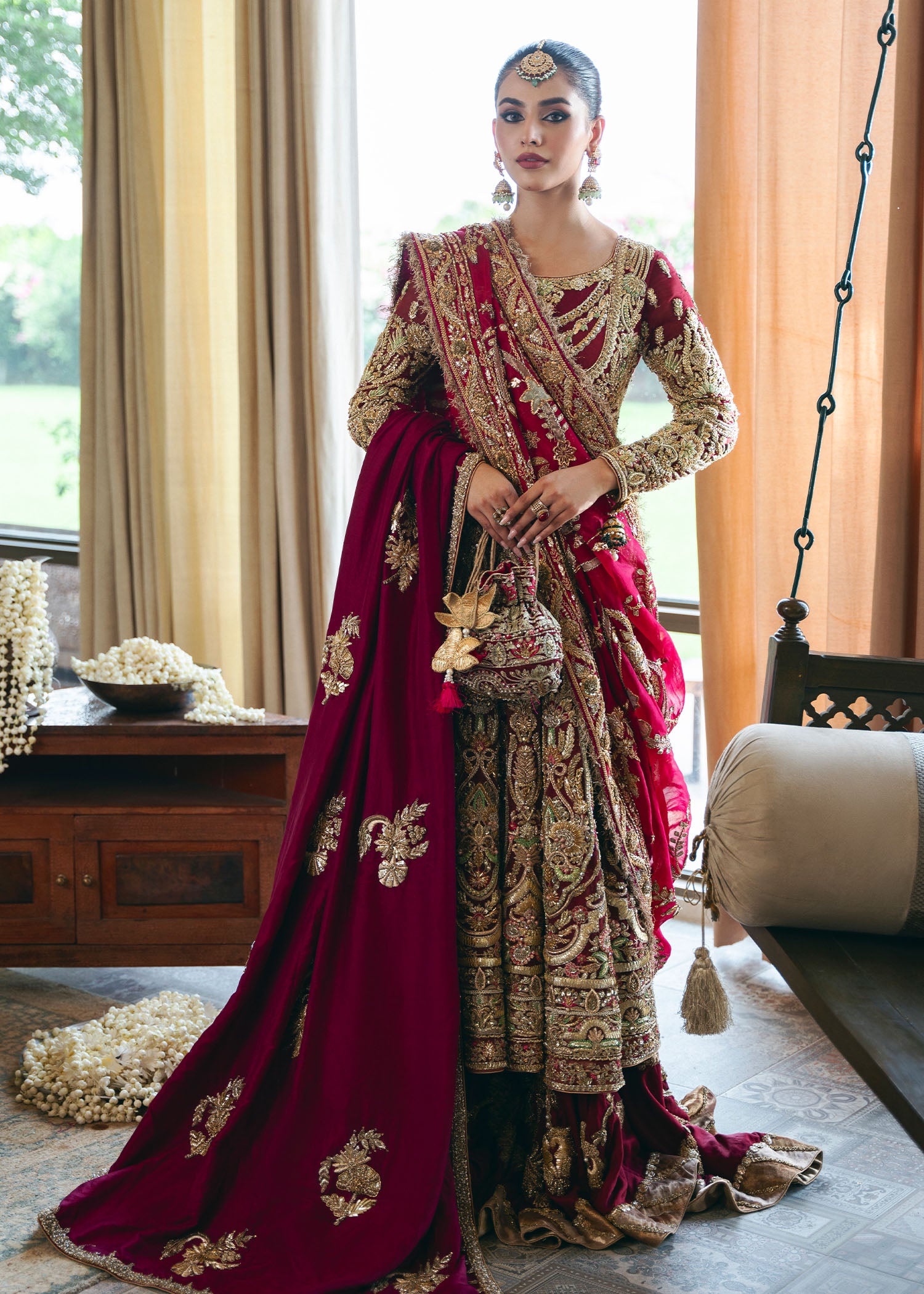 Maroon Hand-Embroidered Organza Pishwas (3-Piece) - Image 1