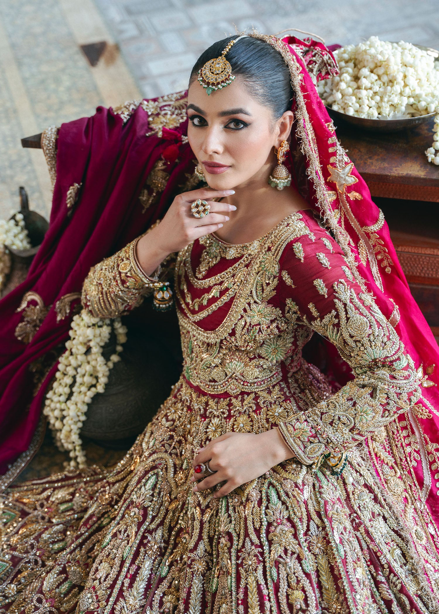 Maroon Hand-Embroidered Organza Pishwas (3-Piece) - Image 2