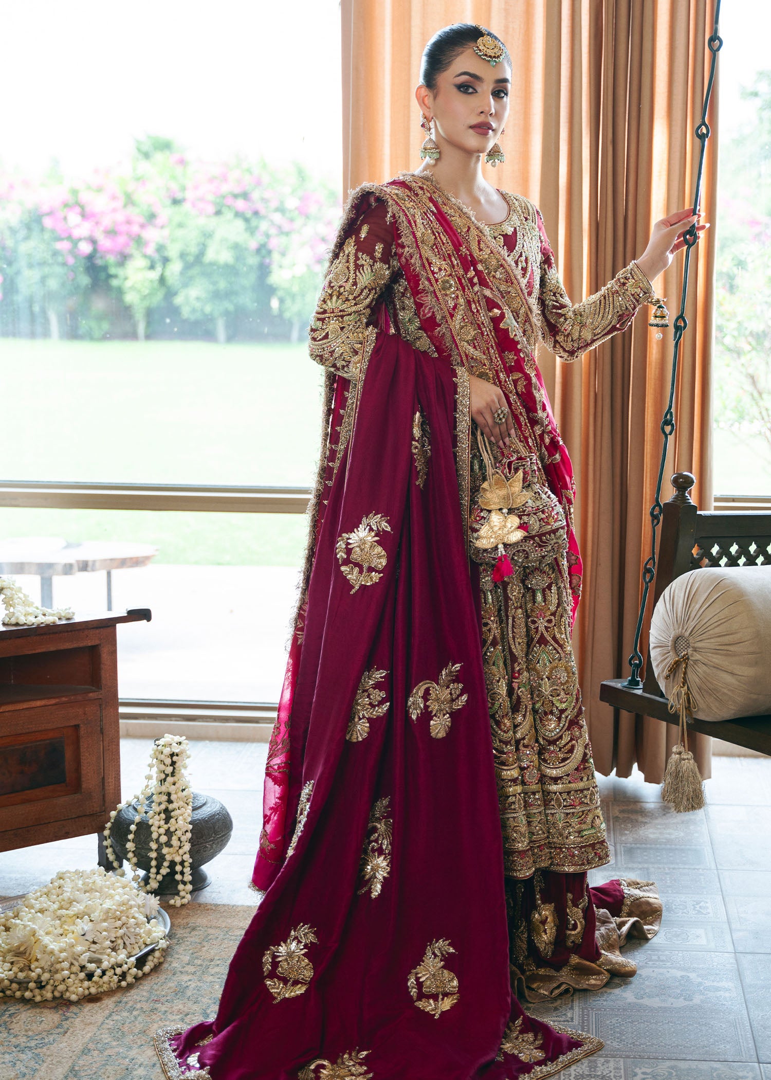 Maroon Hand-Embroidered Organza Pishwas (3-Piece) - Image 3