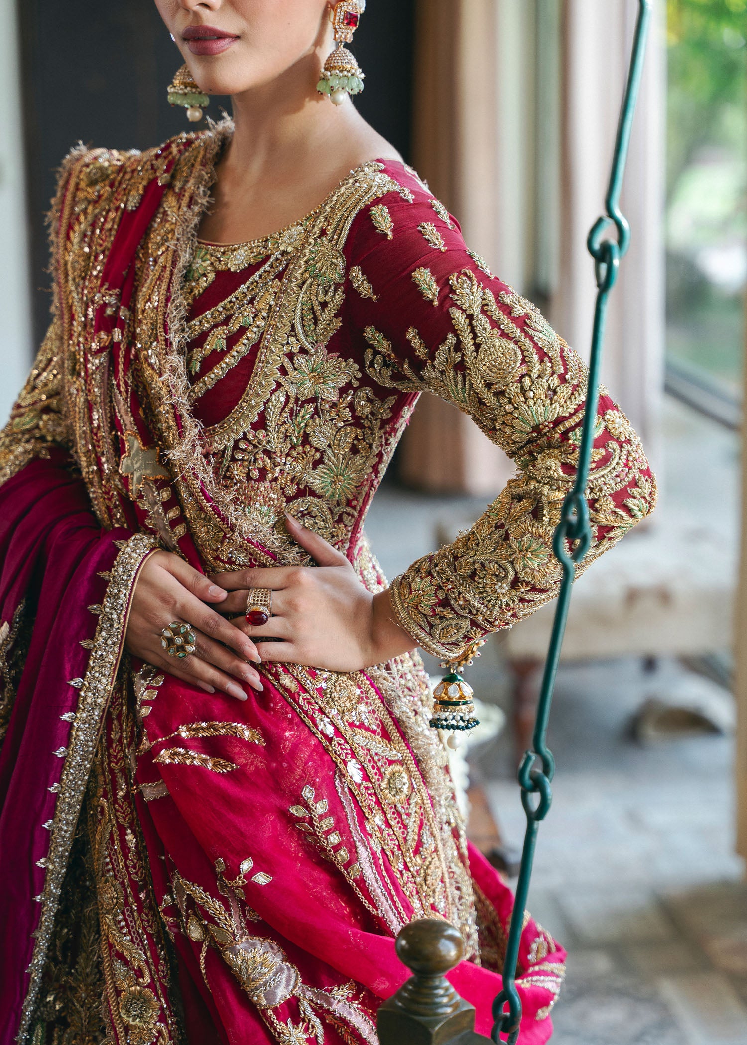 Maroon Hand-Embroidered Organza Pishwas (3-Piece) - Image 4