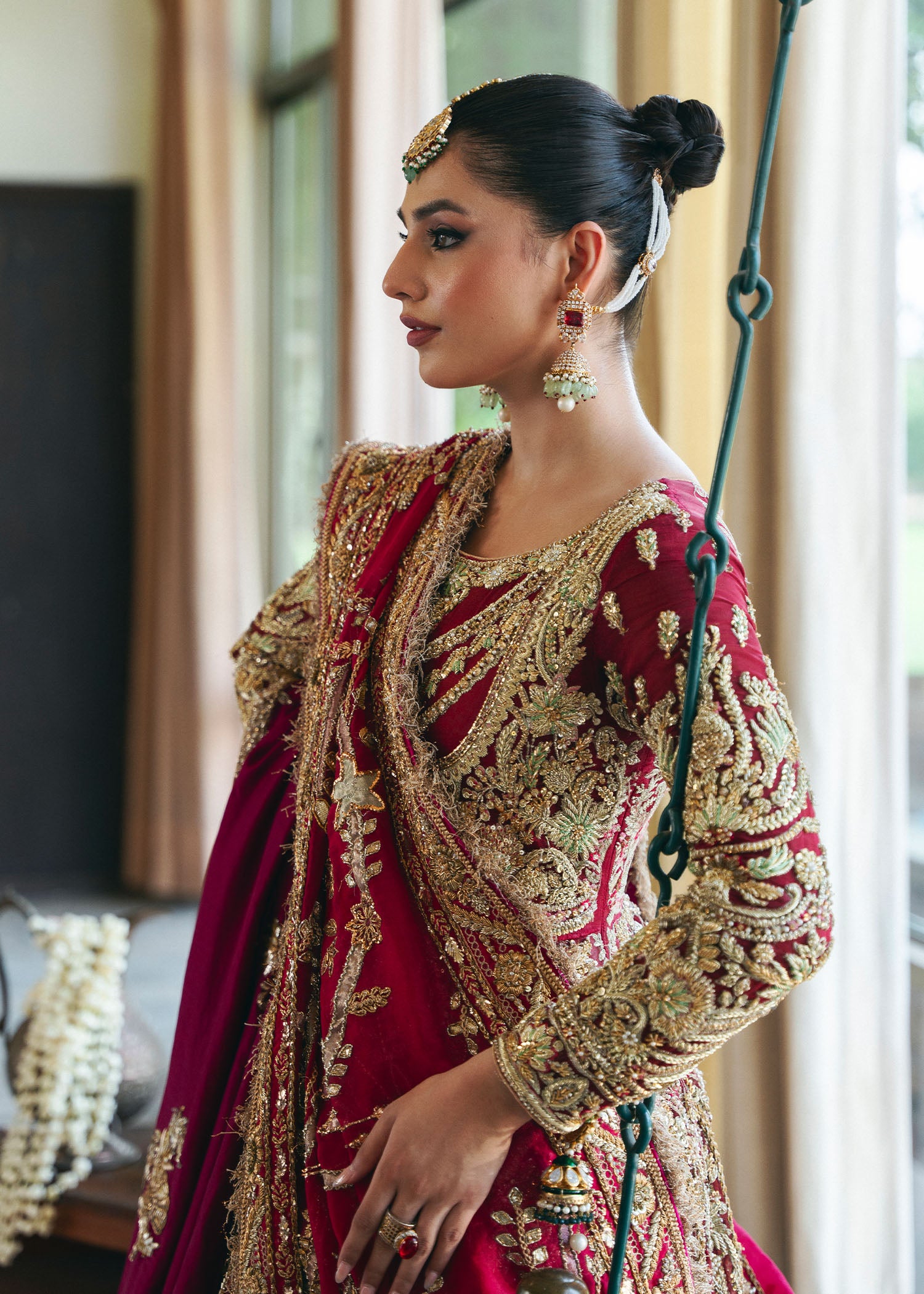 Maroon Hand-Embroidered Organza Pishwas (3-Piece) - Image 5