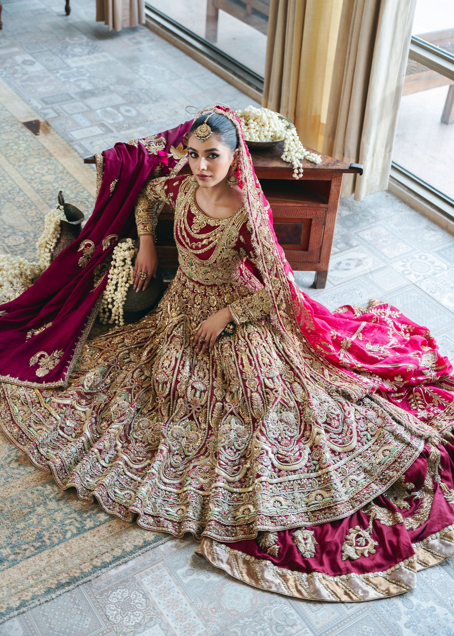 Maroon Hand-Embroidered Organza Pishwas (3-Piece) - Image 6