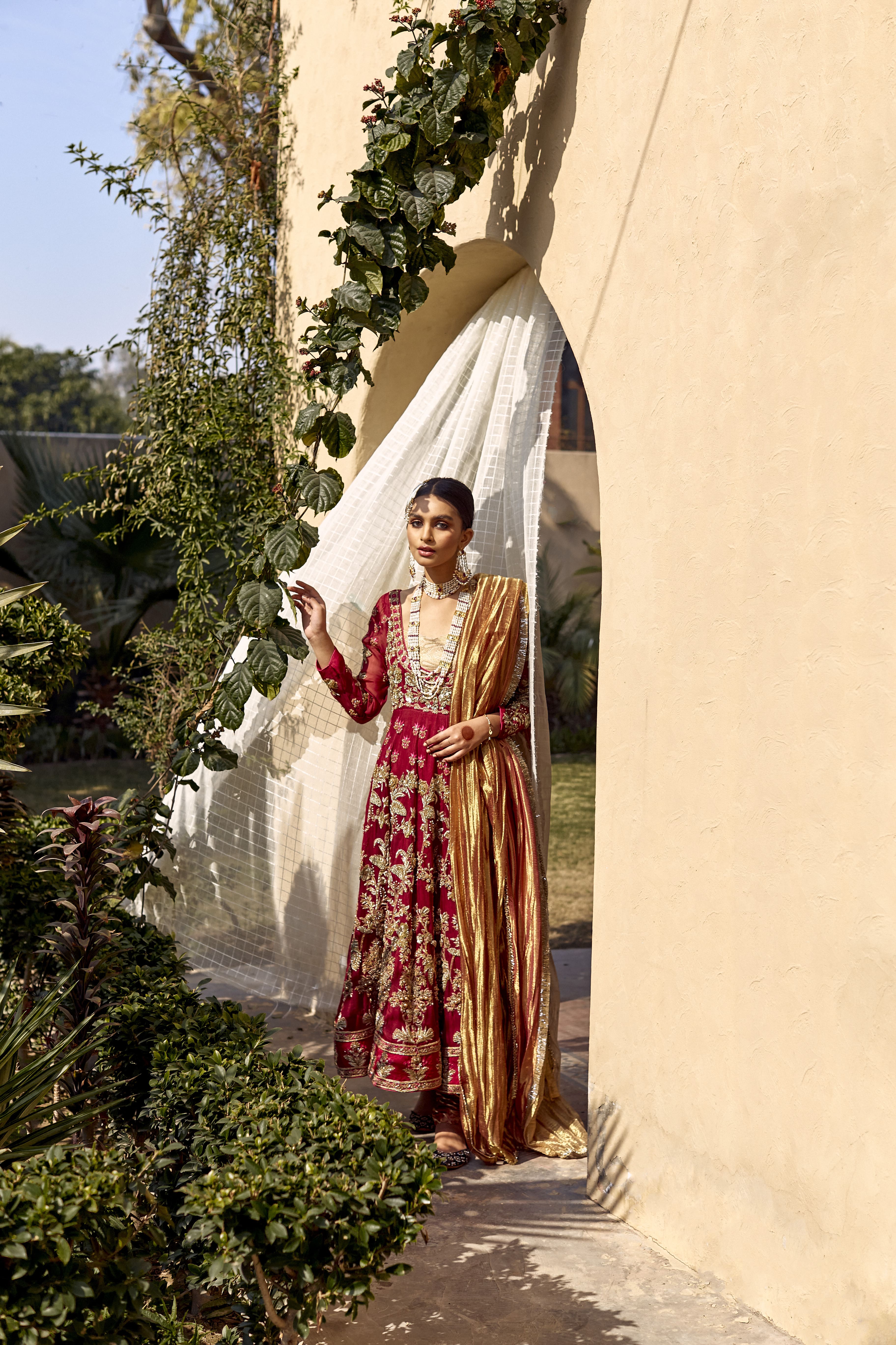 Burgundy Embellished Organza Pishwas Dress (3-Piece) - Image 1