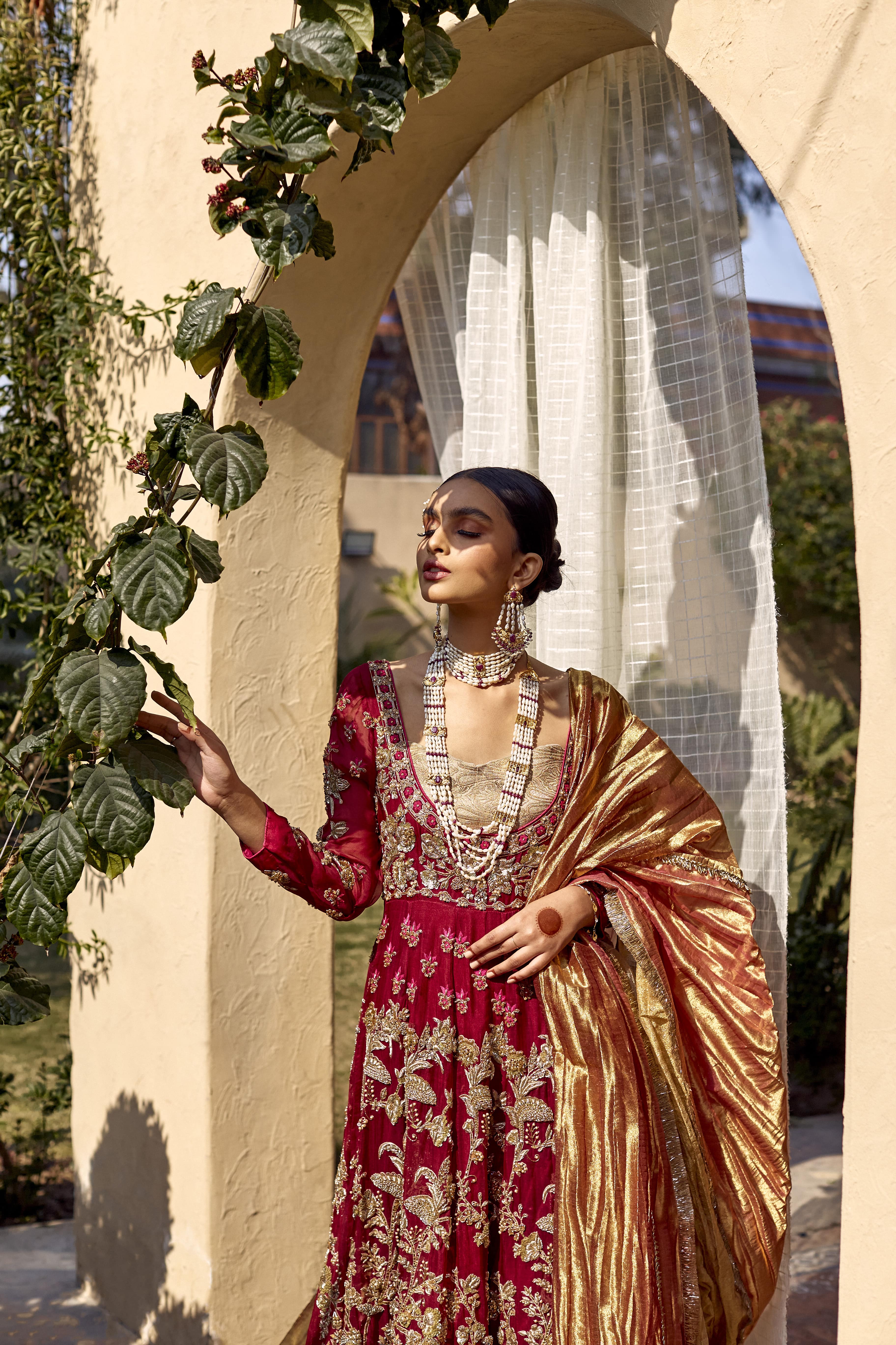 Burgundy Embellished Organza Pishwas Dress (3-Piece) - Image 2