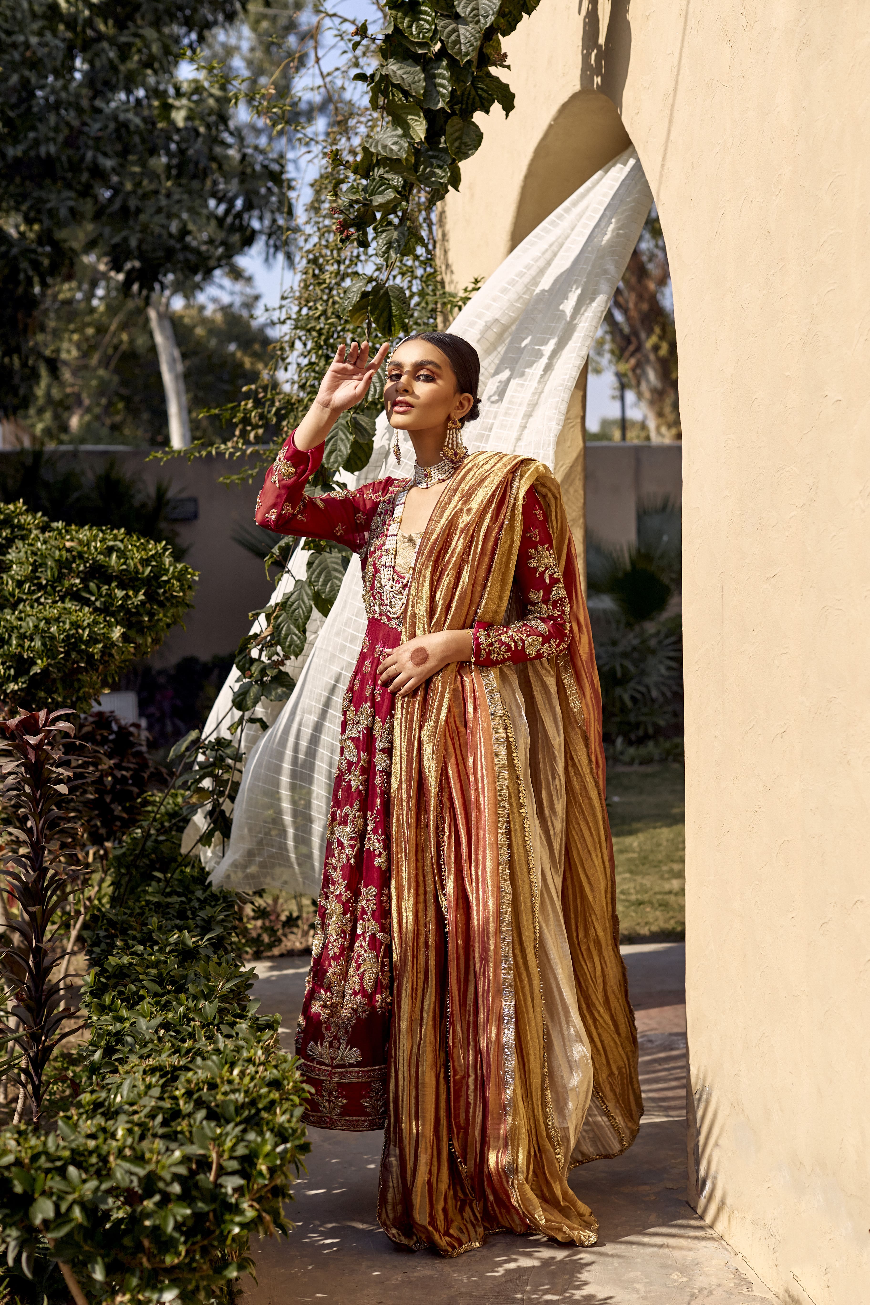 Burgundy Embellished Organza Pishwas Dress (3-Piece) - Image 3