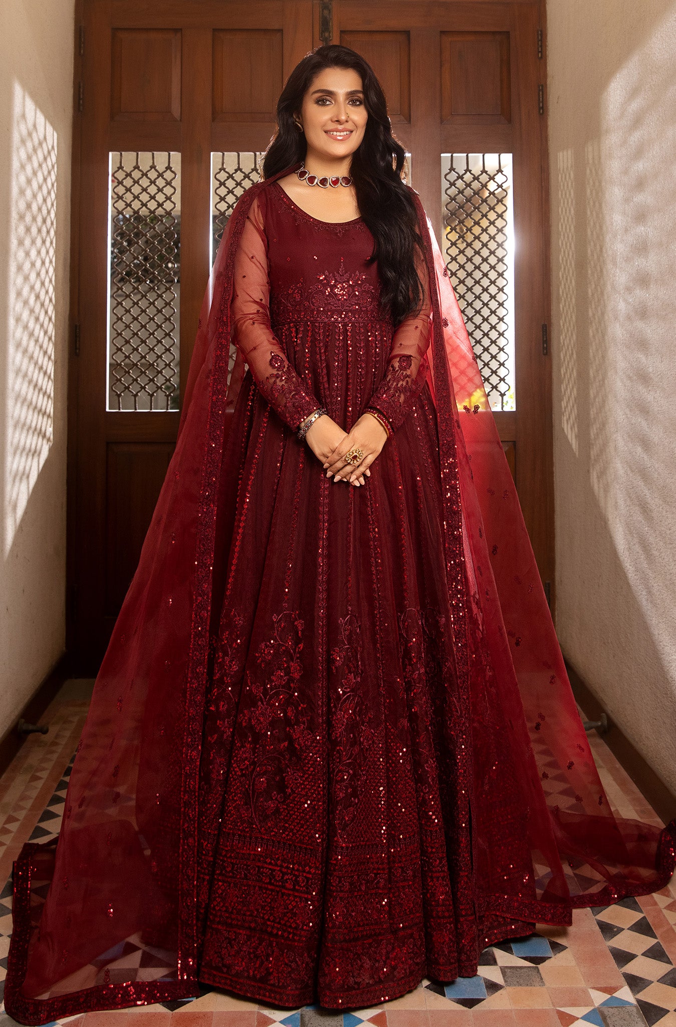 Pakistani Deep Maroon Embroidered Organza Kalidar Pishwas (2-Piece) - Image 2