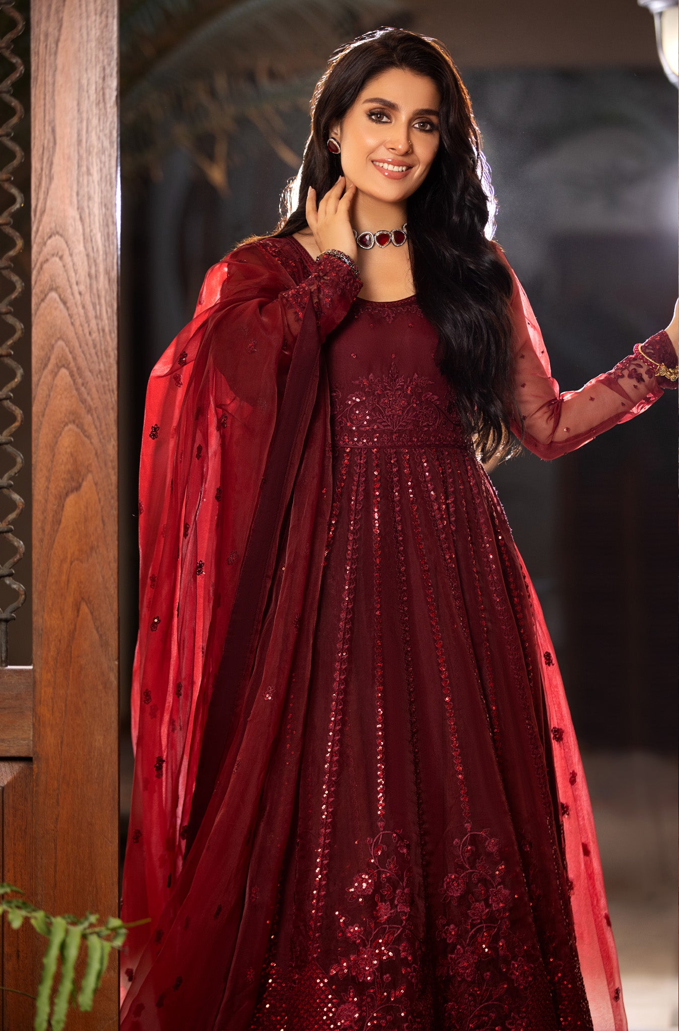 Pakistani Deep Maroon Embroidered Organza Kalidar Pishwas (2-Piece) - Image 3