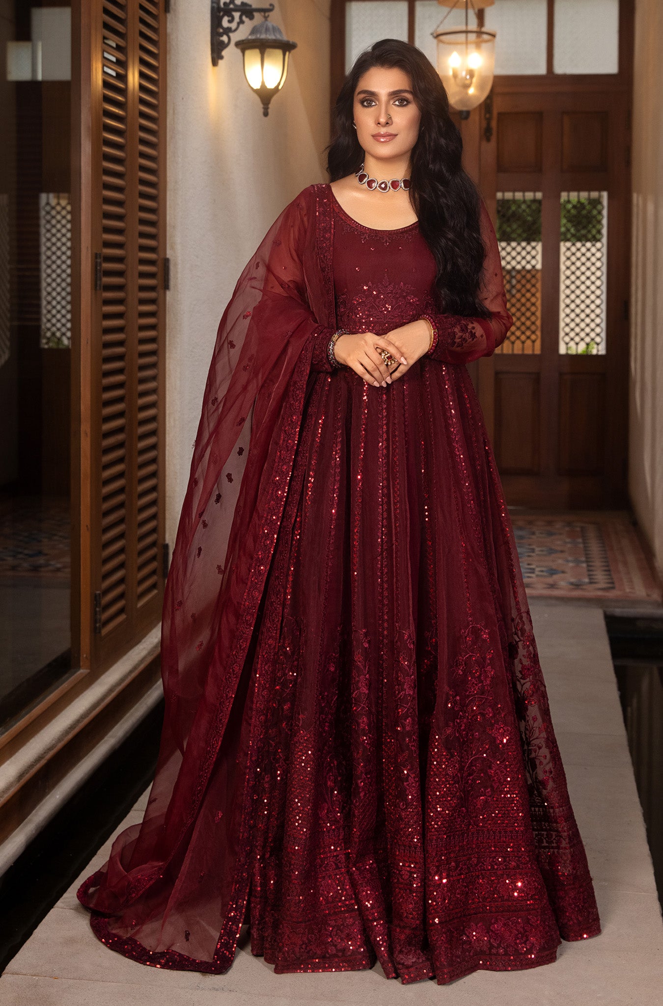 Pakistani Deep Maroon Embroidered Organza Kalidar Pishwas (2-Piece) - Image 4