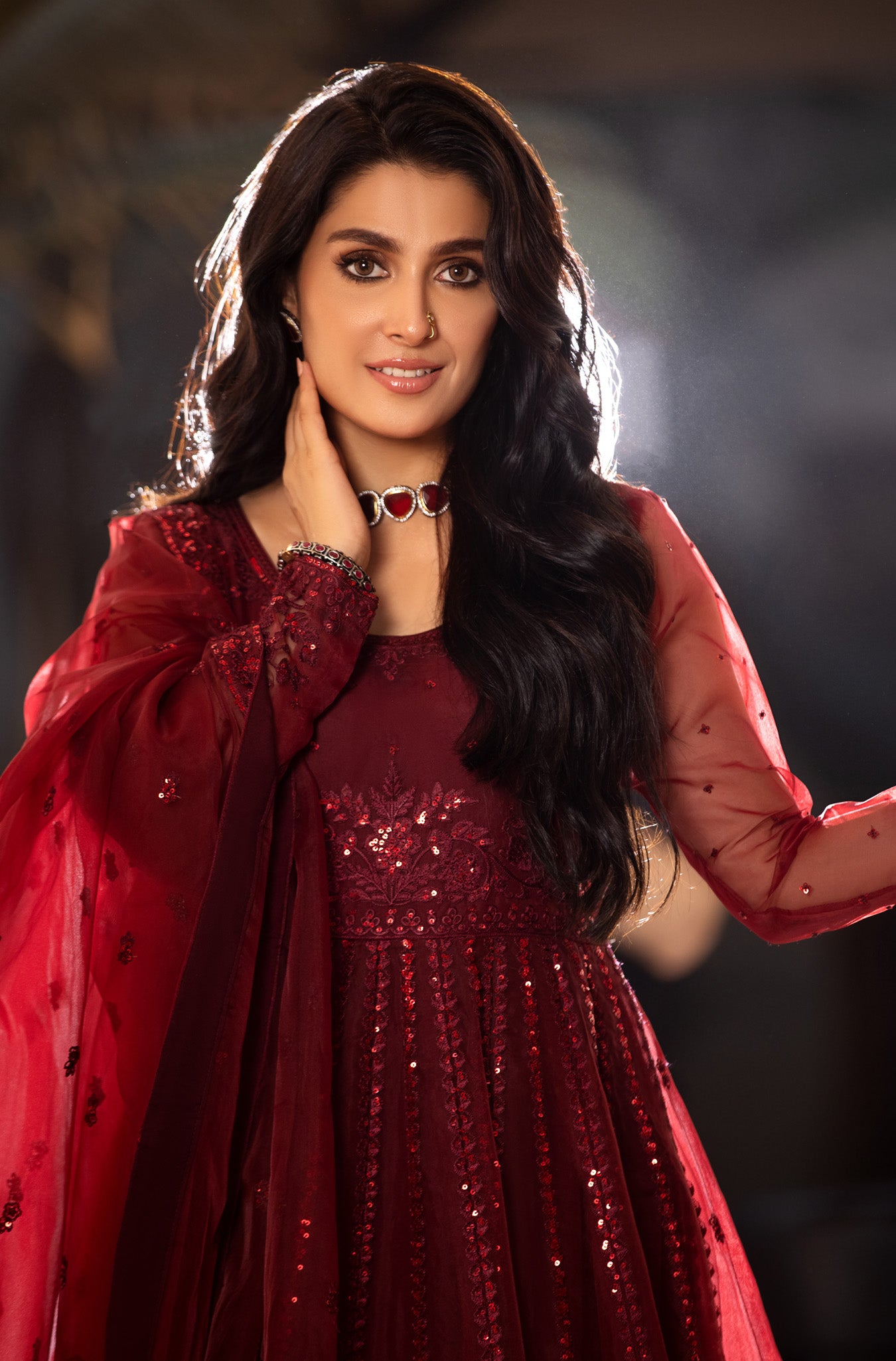 Pakistani Deep Maroon Embroidered Organza Kalidar Pishwas (2-Piece) - Image 5