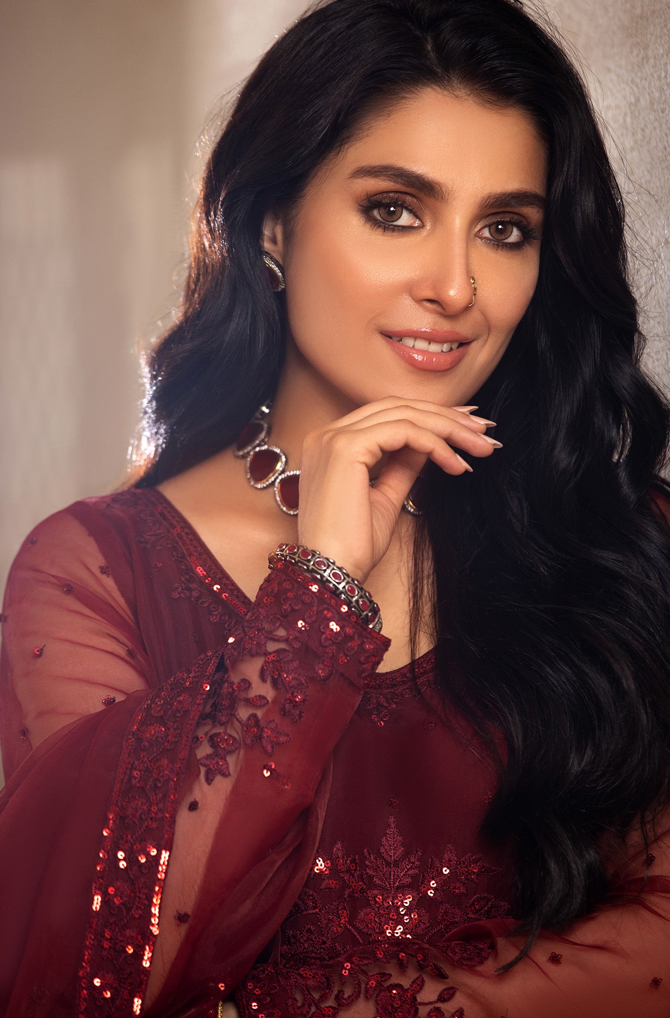 Pakistani Deep Maroon Embroidered Organza Kalidar Pishwas (2-Piece) - Image 7