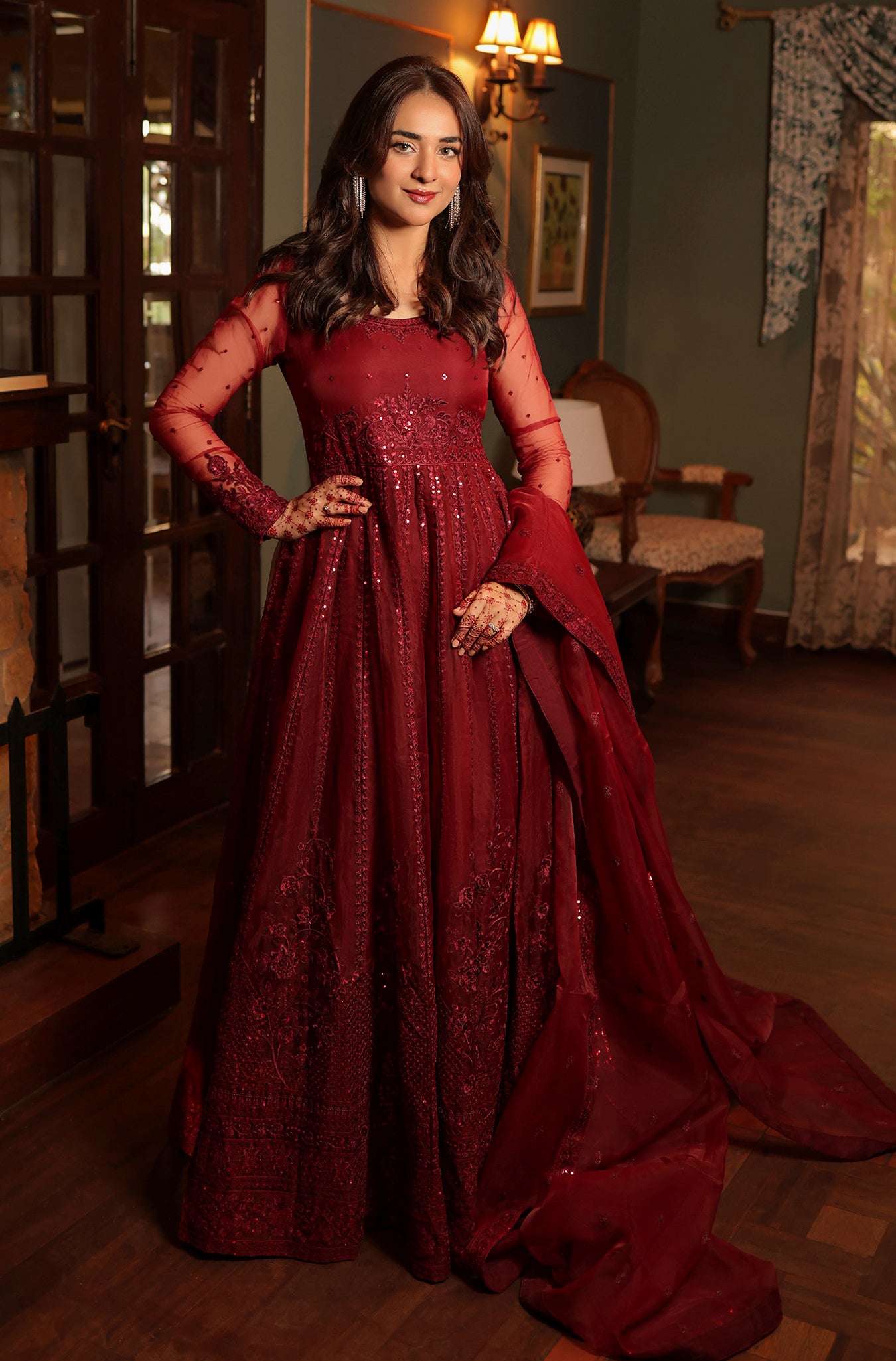 Deep Maroon Embroidered Organza Pishwas (2-Piece) - Image 1