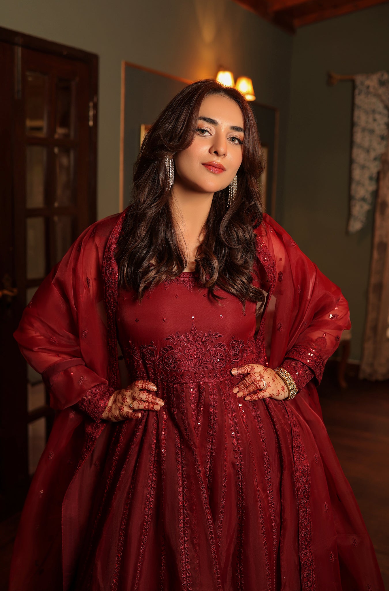 Deep Maroon Embroidered Organza Pishwas (2-Piece) - Image 2