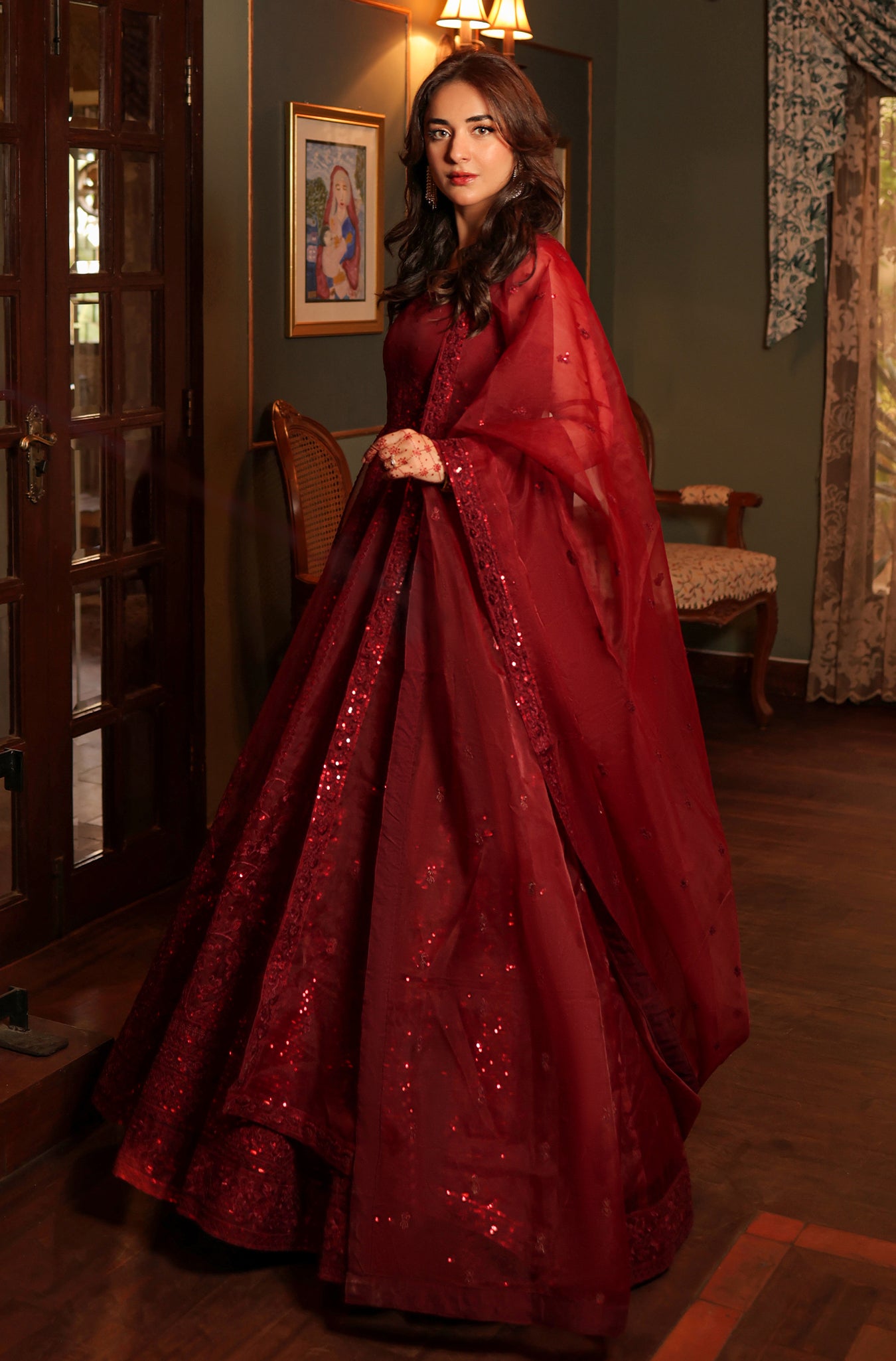 Deep Maroon Embroidered Organza Pishwas (2-Piece) - Image 4