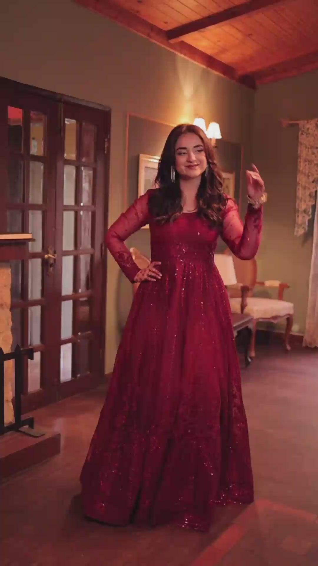 Deep Maroon Embroidered Organza Pishwas (2-Piece) - Image 5