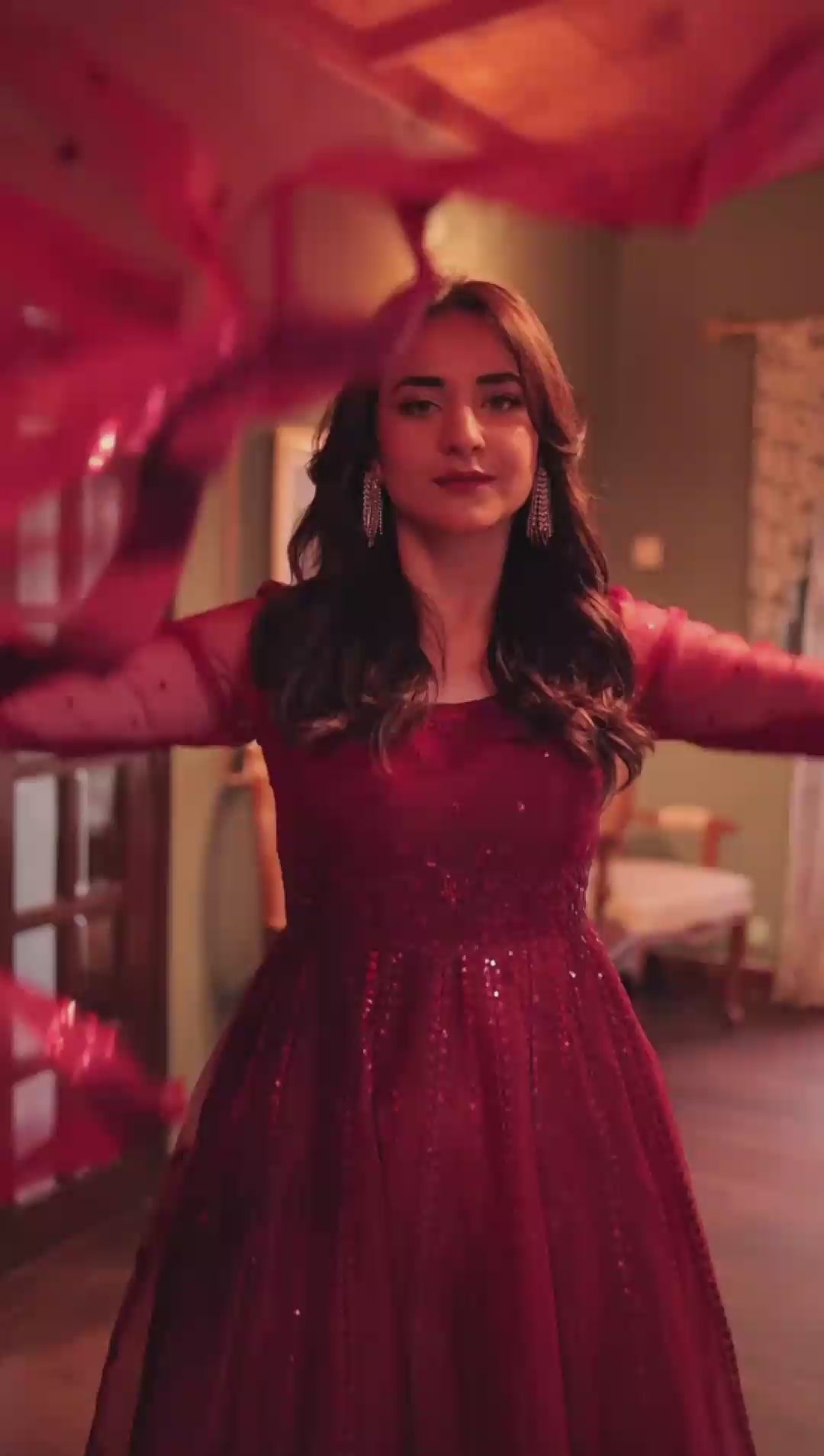 Deep Maroon Embroidered Organza Pishwas (2-Piece) - Image 6