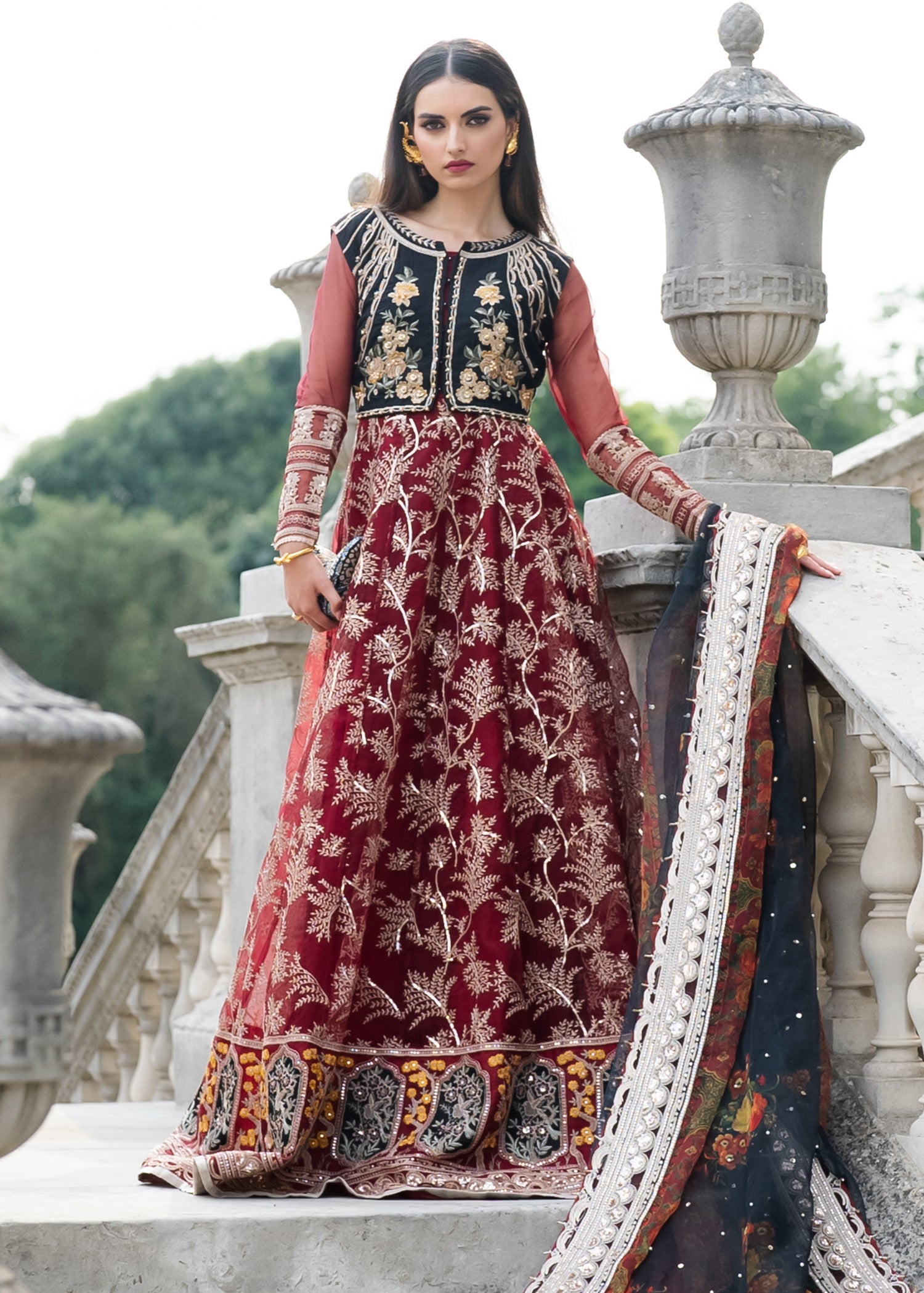 Pakistani Mehroon Tilla Embroidered Organza Pishwas (3-Piece) - Image 1