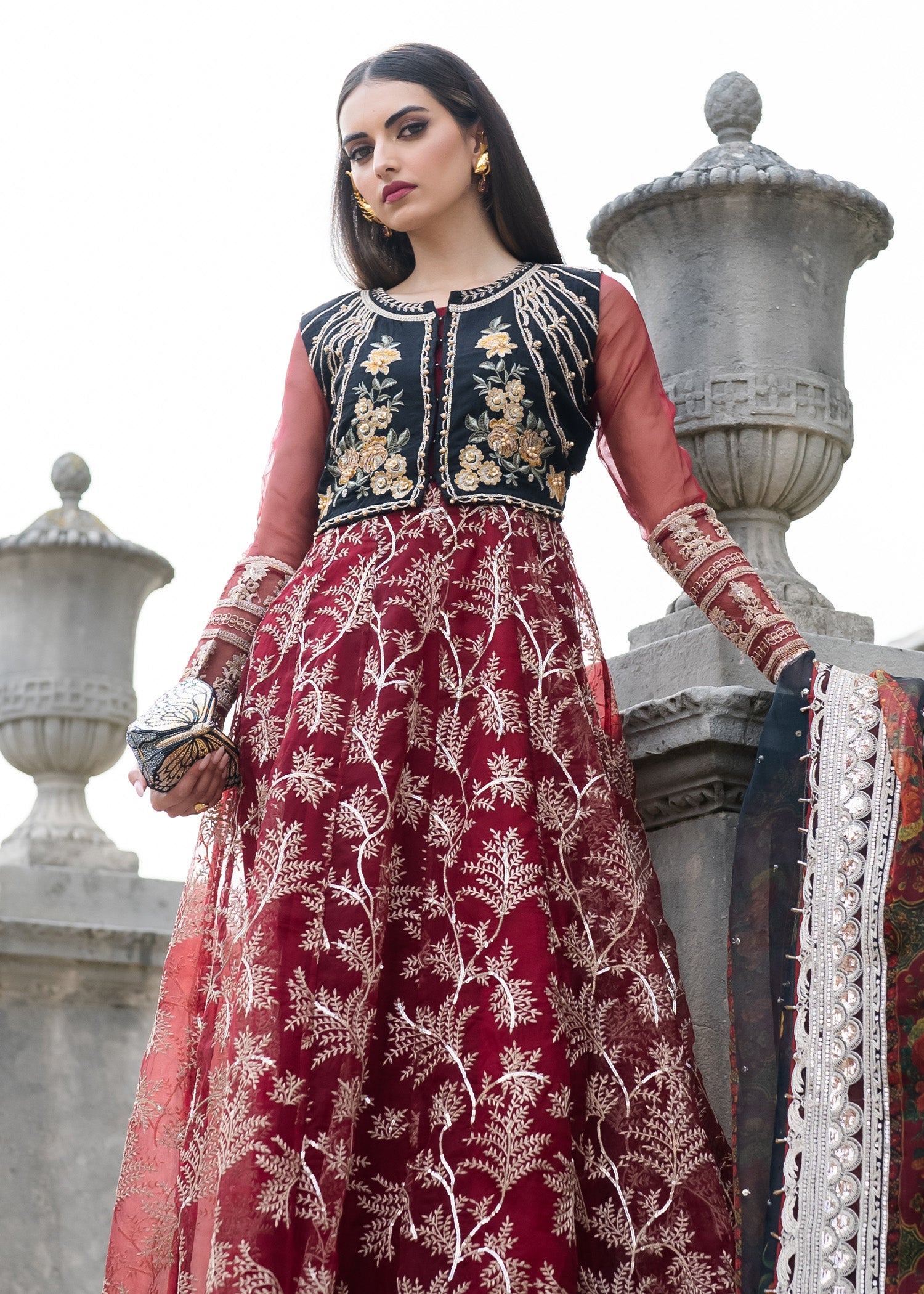 Pakistani Mehroon Tilla Embroidered Organza Pishwas (3-Piece) - Image 2