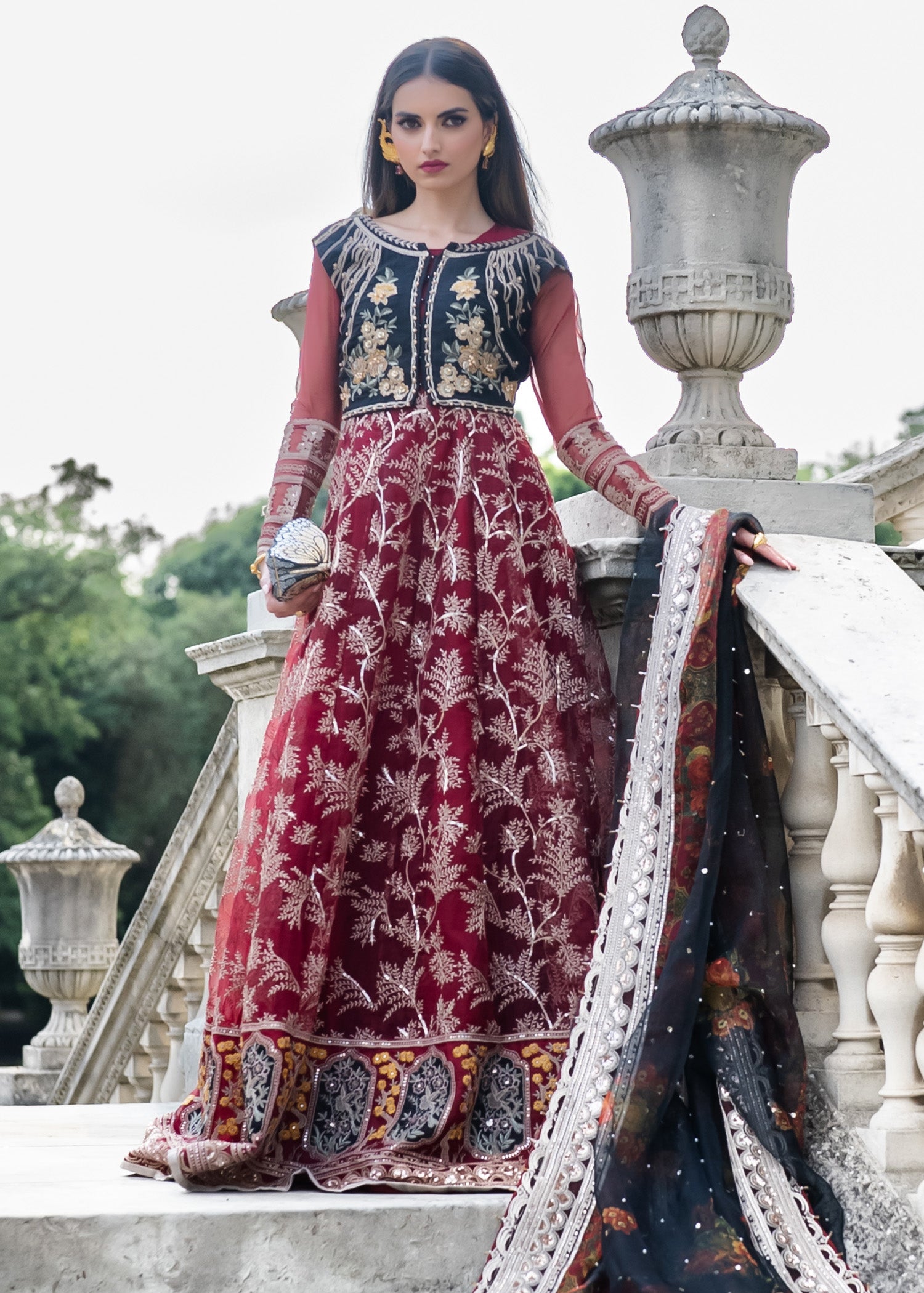 Pakistani Mehroon Tilla Embroidered Organza Pishwas (3-Piece) - Image 3