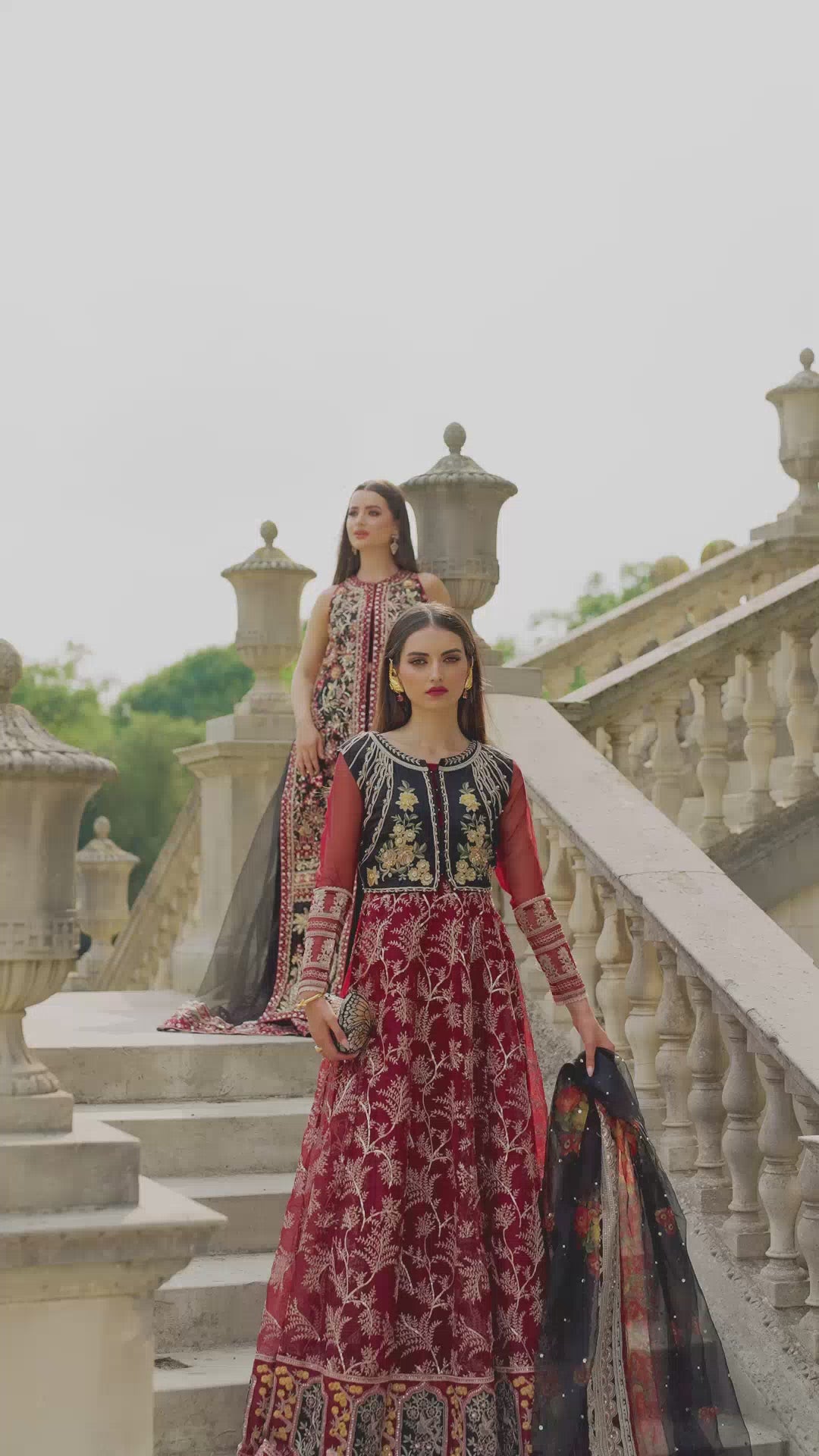 Pakistani Mehroon Tilla Embroidered Organza Pishwas (3-Piece) - Image 4