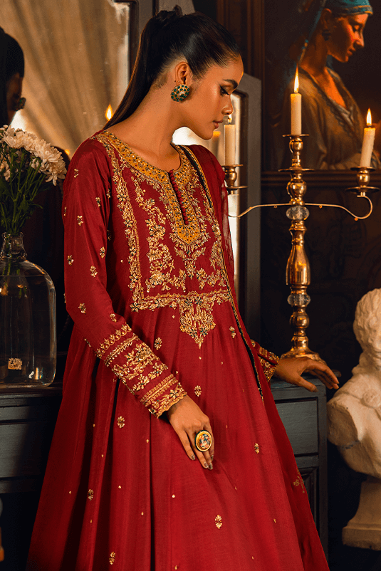 Maroon Zardozi PK Raw Silk Pishwas (3-Piece) - Image 1