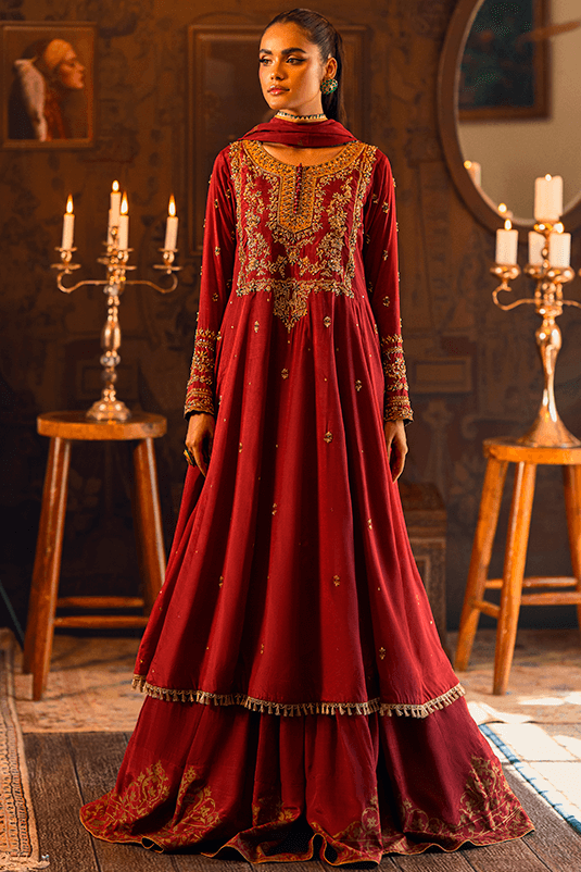 Maroon Zardozi PK Raw Silk Pishwas (3-Piece) - Image 2