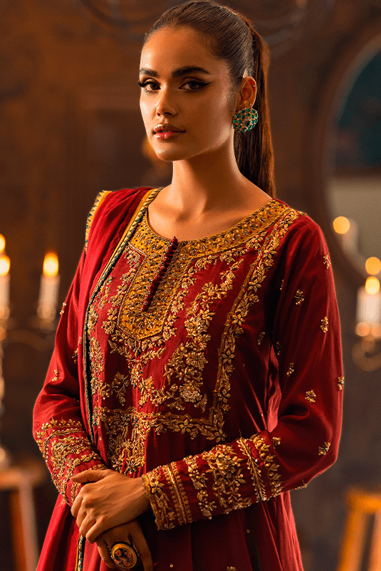 Maroon Zardozi PK Raw Silk Pishwas (3-Piece) - Image 6