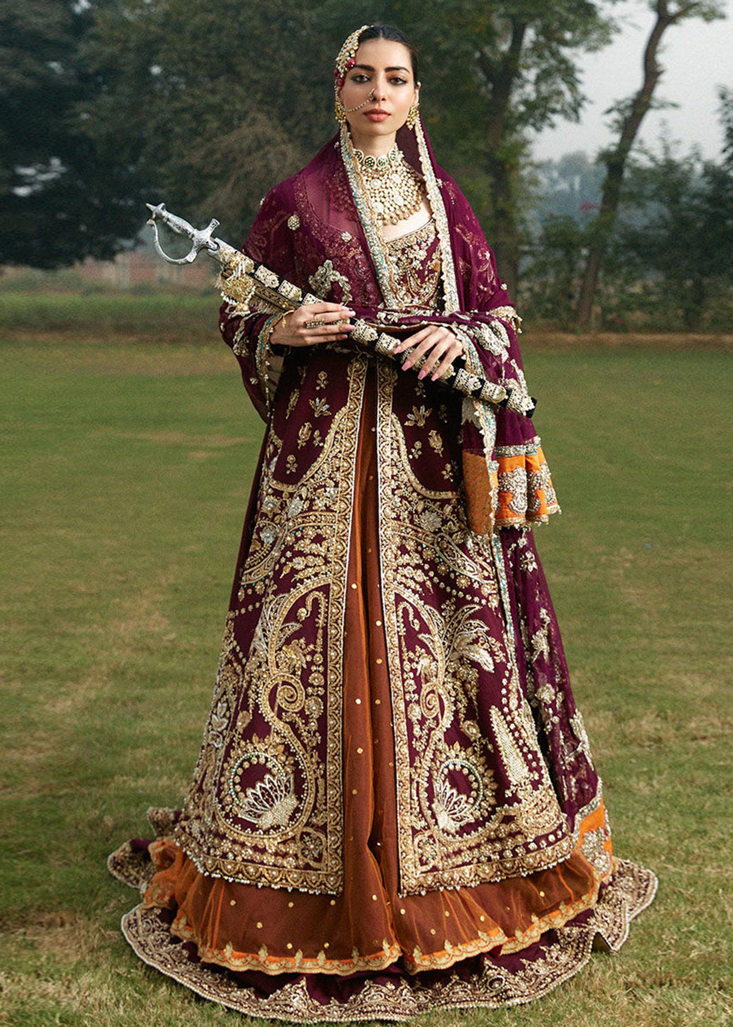 Pakistani Deep Plum Embroidered Raw Silk Pishwas (3-Piece) - Image 1