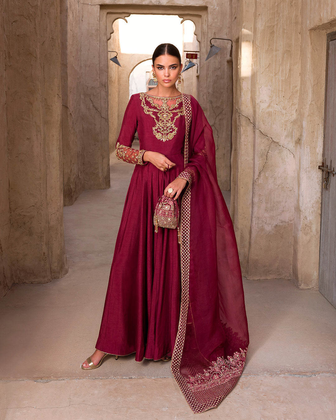 Pakistani Maroon Embellished Korean Raw Silk Pishwas (3-Piece) - Image 4