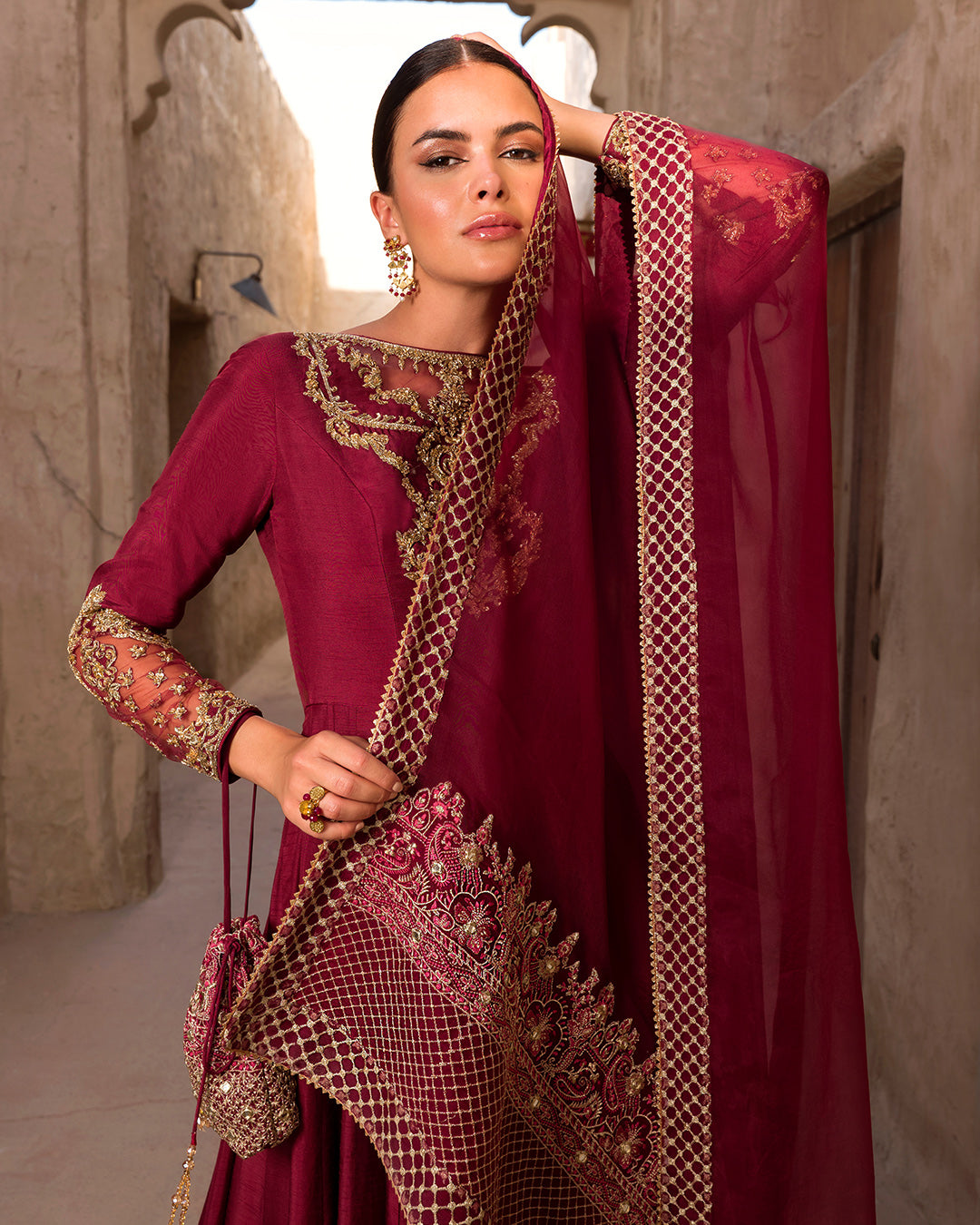 Pakistani Maroon Embellished Korean Raw Silk Pishwas (3-Piece) - Image 5