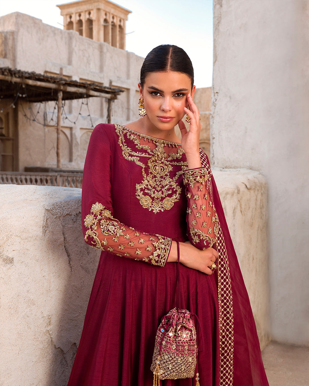 Pakistani Maroon Embellished Korean Raw Silk Pishwas (3-Piece) - Image 6