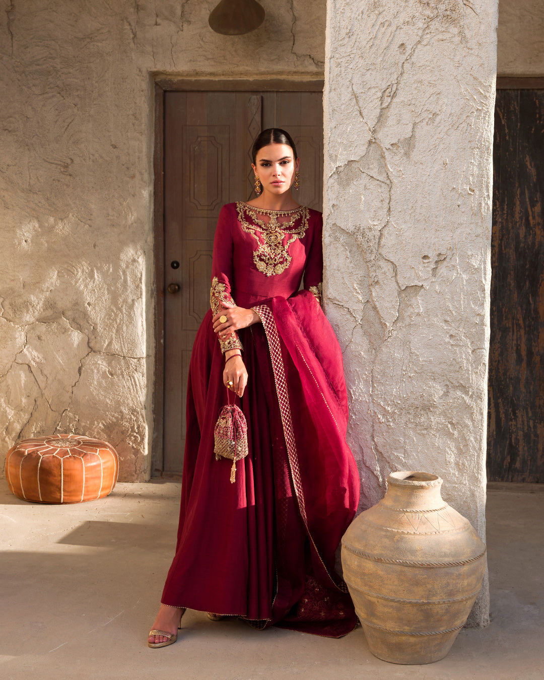 Pakistani Maroon Embellished Korean Raw Silk Pishwas (3-Piece) - Image 7