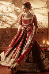 Pakistani Deep Maroon Embroidered Raw Silk Pishwas (3-Piece) - Image 4