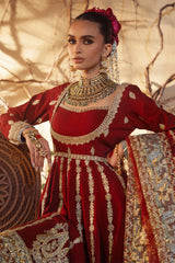 Pakistani Deep Maroon Embroidered Raw Silk Pishwas (3-Piece) - Image 5