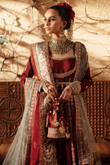 Pakistani Deep Maroon Embroidered Raw Silk Pishwas (3-Piece) - Image 8