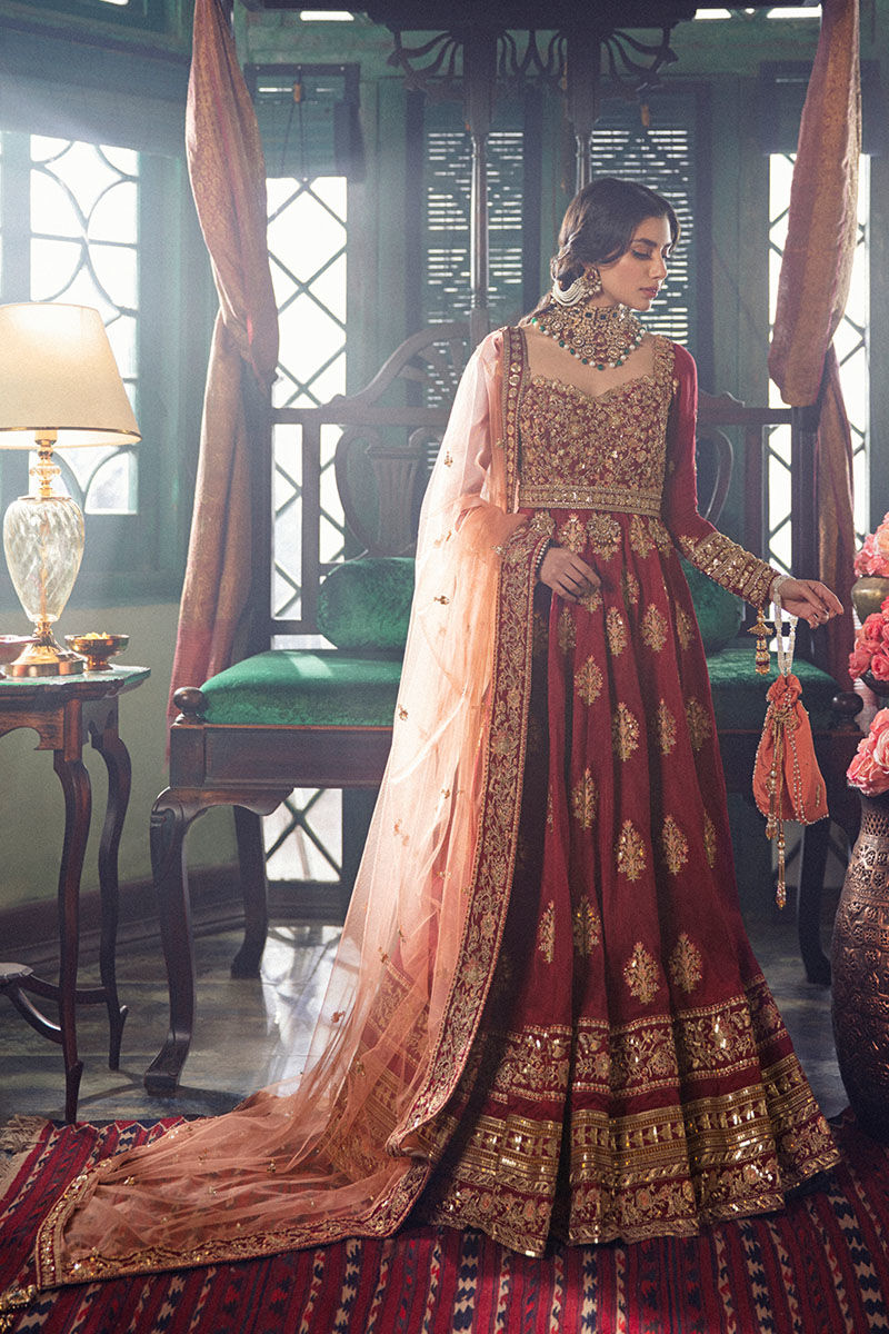 Pakistani Maroon Hand-Embellished Raw Silk Pishwas (2-Piece) - Image 2