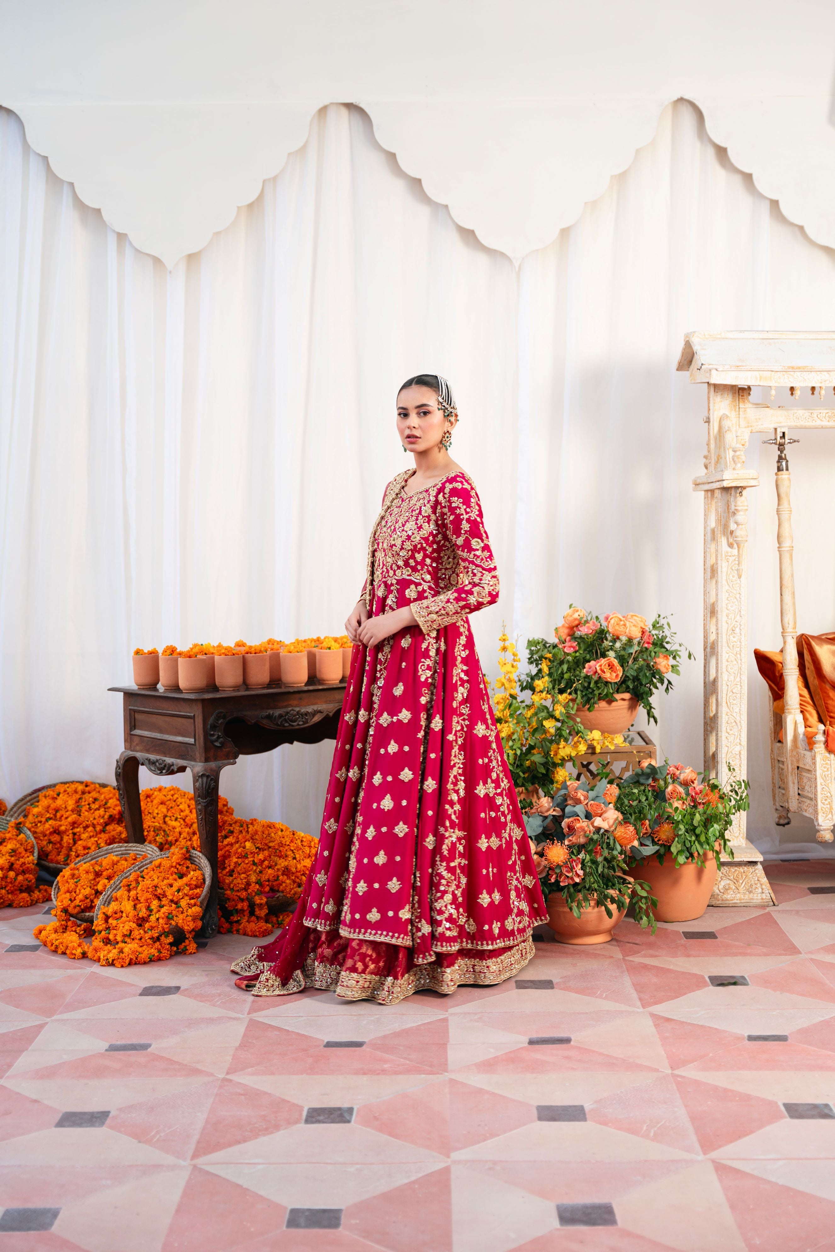 Pakistani Maroon Gold Ada Work Silk Kalidaar Pishwas (3-Piece) - Image 10