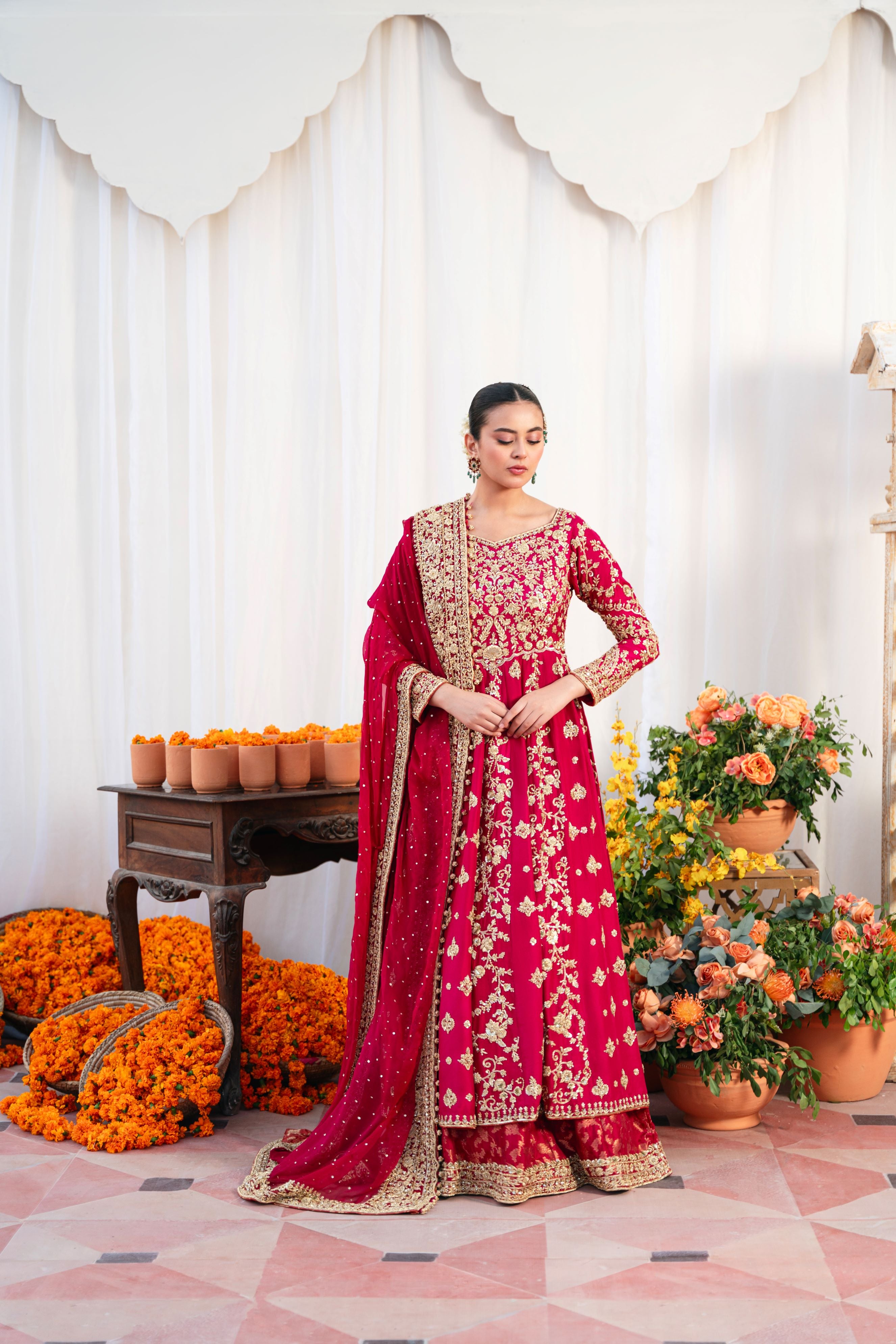 Pakistani Maroon Gold Ada Work Silk Kalidaar Pishwas (3-Piece) - Image 11